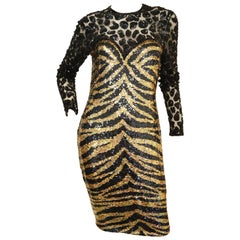 Vintage Naeem Khan Black and Gold Tiger and Cheetah Sequin Silk Dress, 1980s