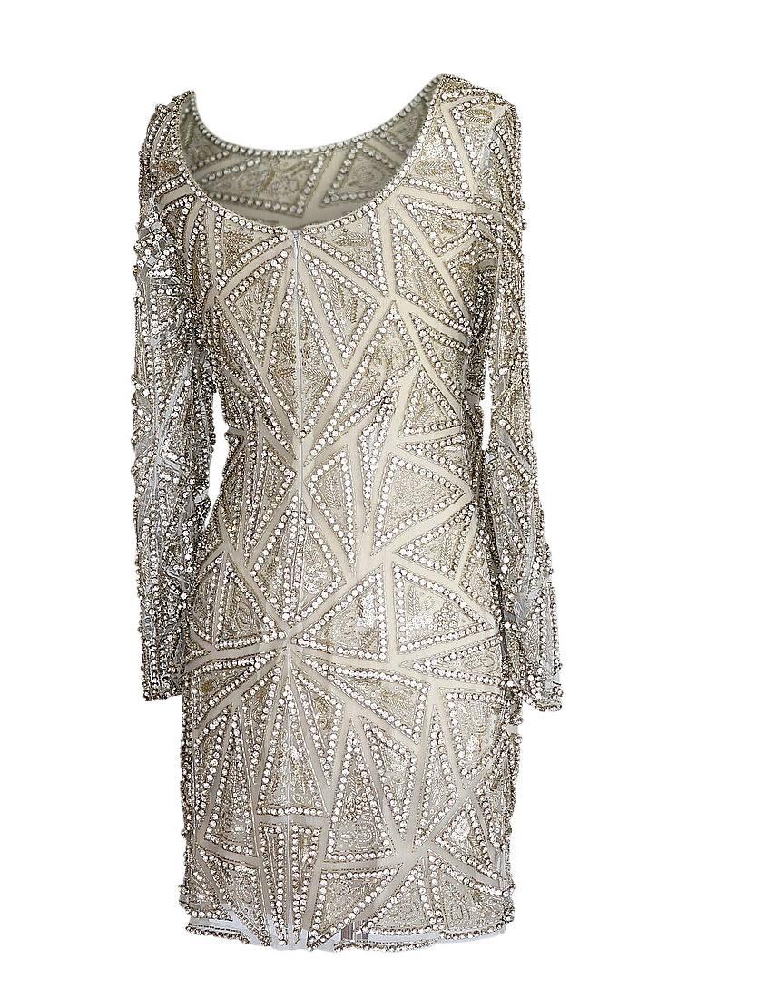 Gray Naeem Khan Dress Crystal Diamante Silver Beaded Embellished Triangles 6 NW 