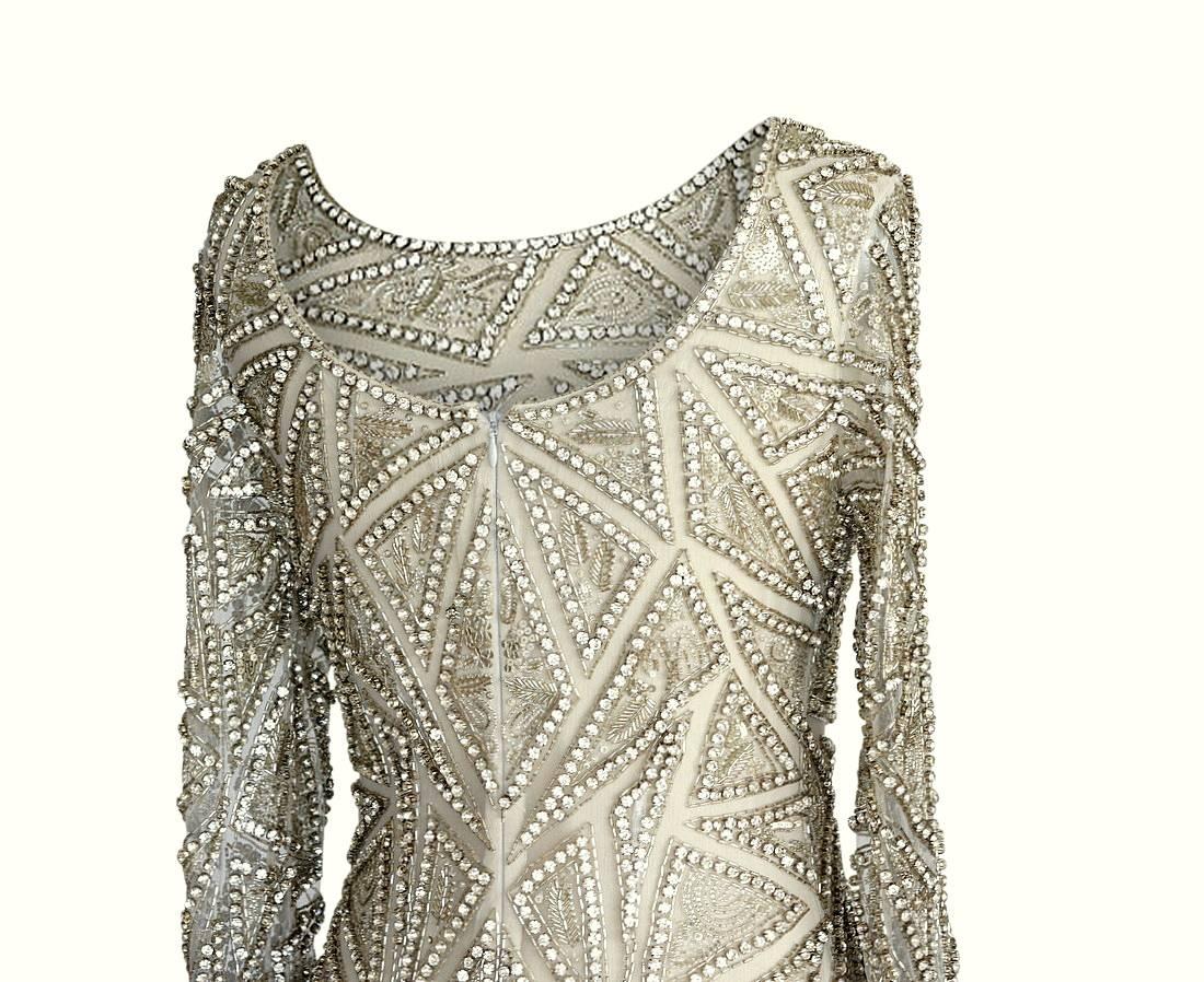 Naeem Khan Dress Crystal Diamante Silver Beaded Embellished Triangles 6 NW  In New Condition In Miami, FL