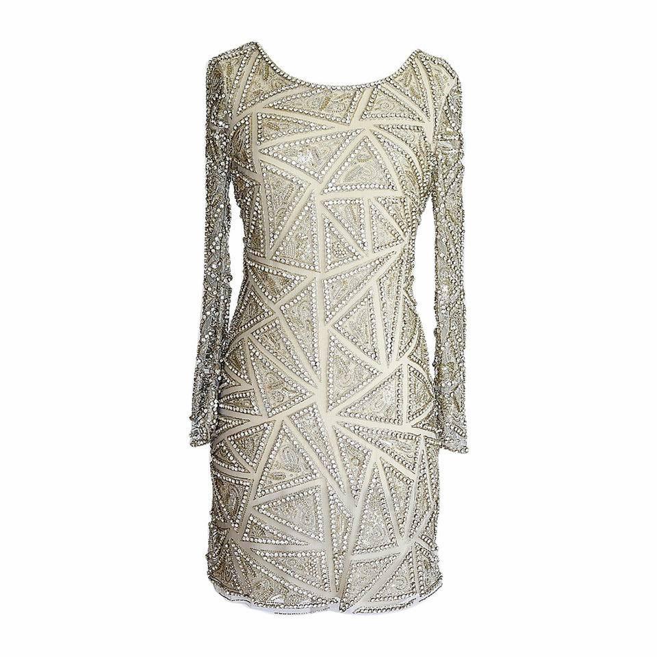 Women's Naeem Khan Dress Crystal Diamante Silver Beaded Embellished Triangles 6 NW 