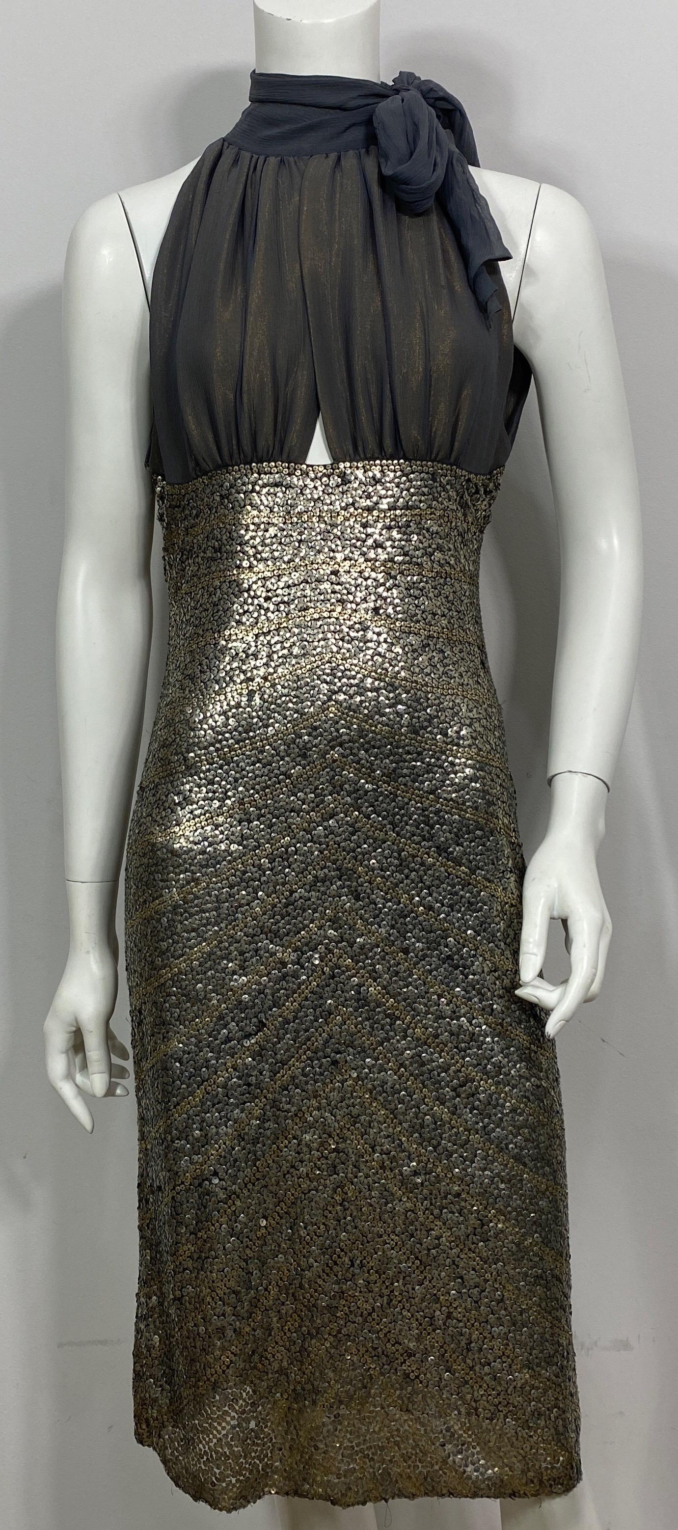 Naeem Khan Early 2000’s Iridescent Grey Metallic Sequin Dress-Size 6  This early creation in Naeem Khan’s career is why he became so famous especially among the glitz and glam of Hollywood. This cocktail evening piece is a masterpiece in its ability