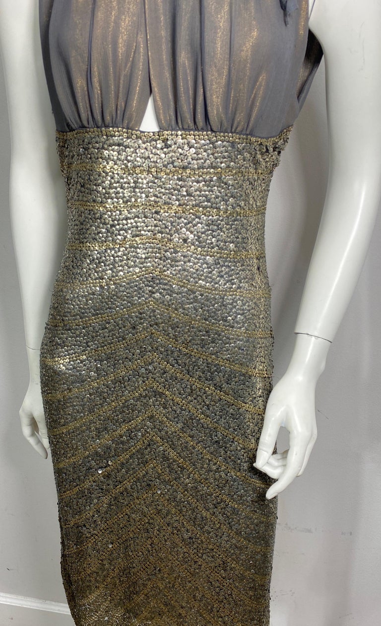 Naeem Khan Early 2000s Iridescent Grey Metallic Sequin Dress-Size 6