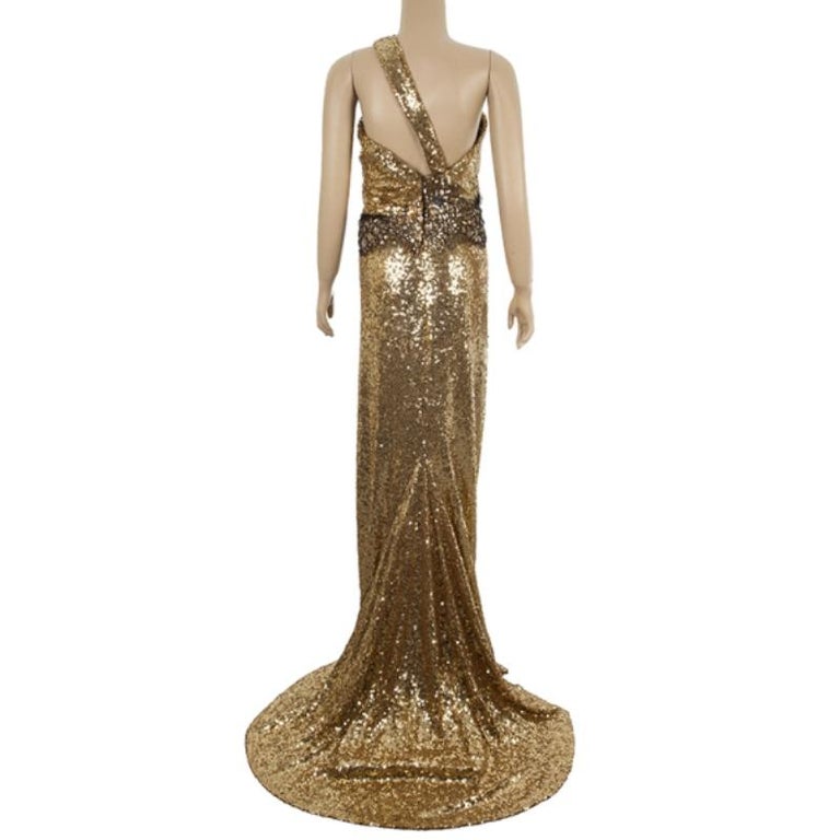 Naeem Khan Gold Sequin Embellished Gown L For Sale at 1stDibs