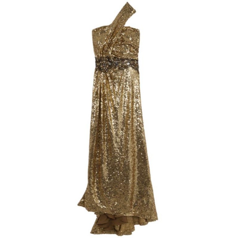 Naeem Khan Gold Sequin Embellished Gown L For Sale at 1stDibs