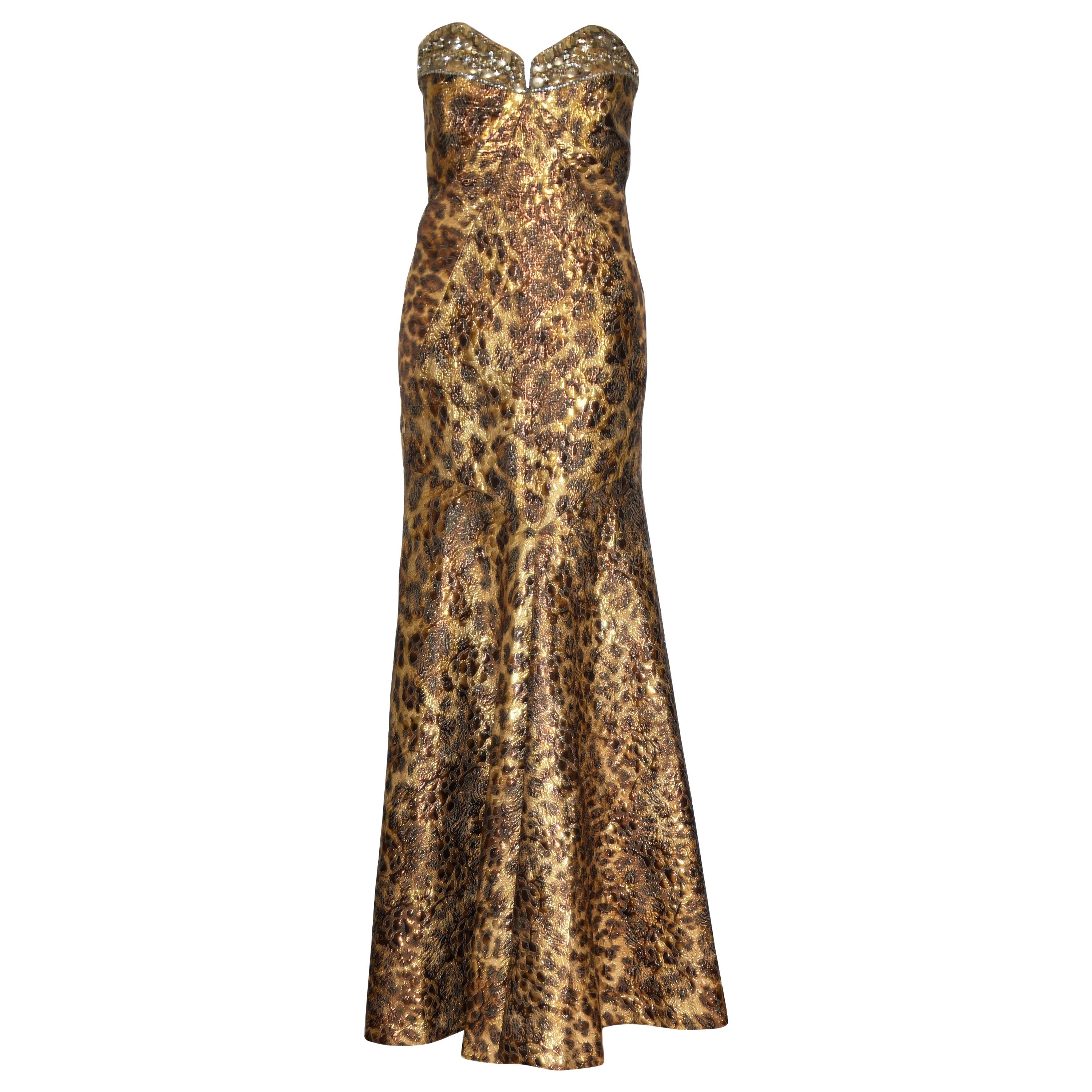 Naeem Khan Leopard Print Gold Tone & Brown Brocade Strapless Gown Size 10 US For Sale