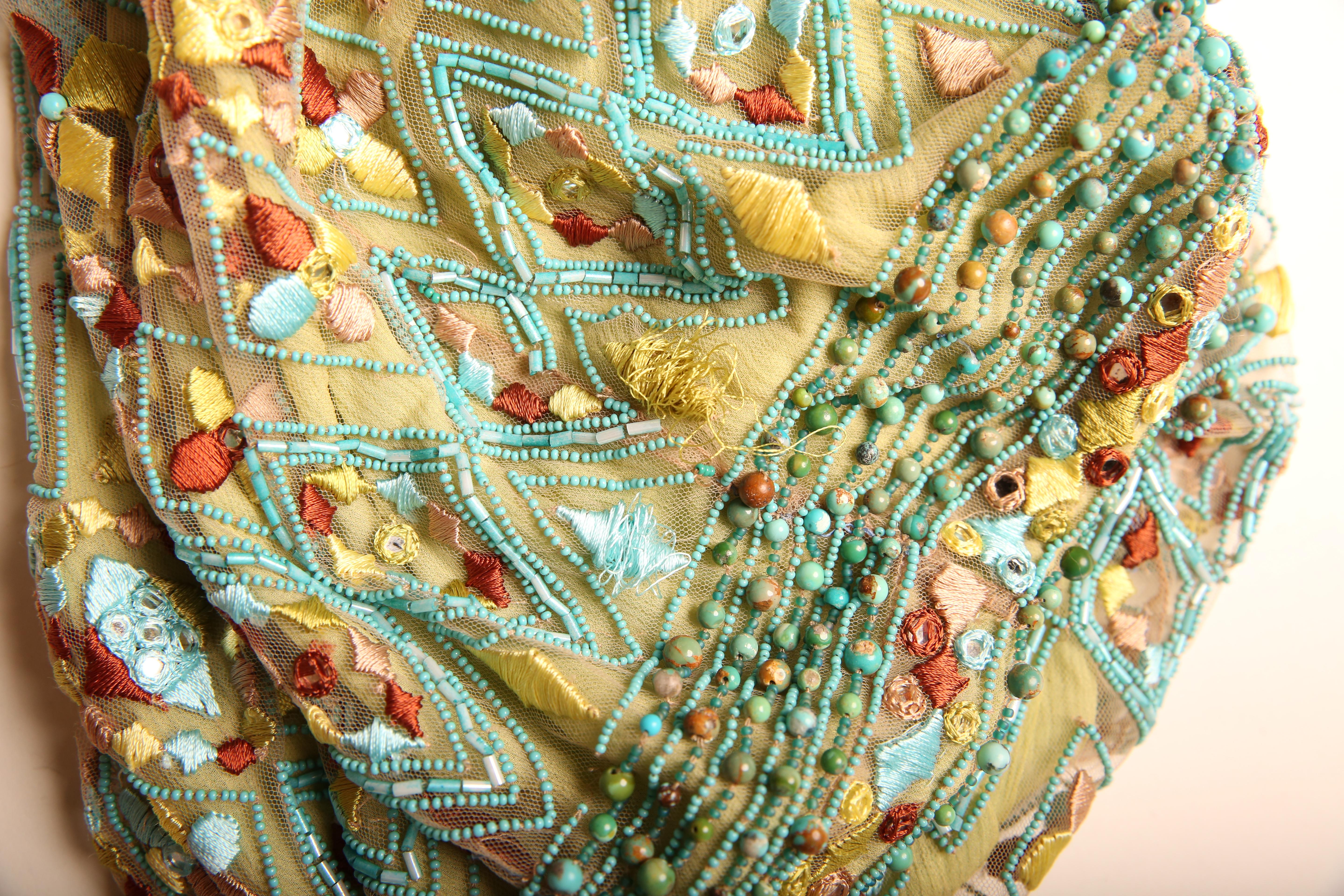 Naeem Khan mesh turquoise high waisted embroidered beaded embellished skirt For Sale 4