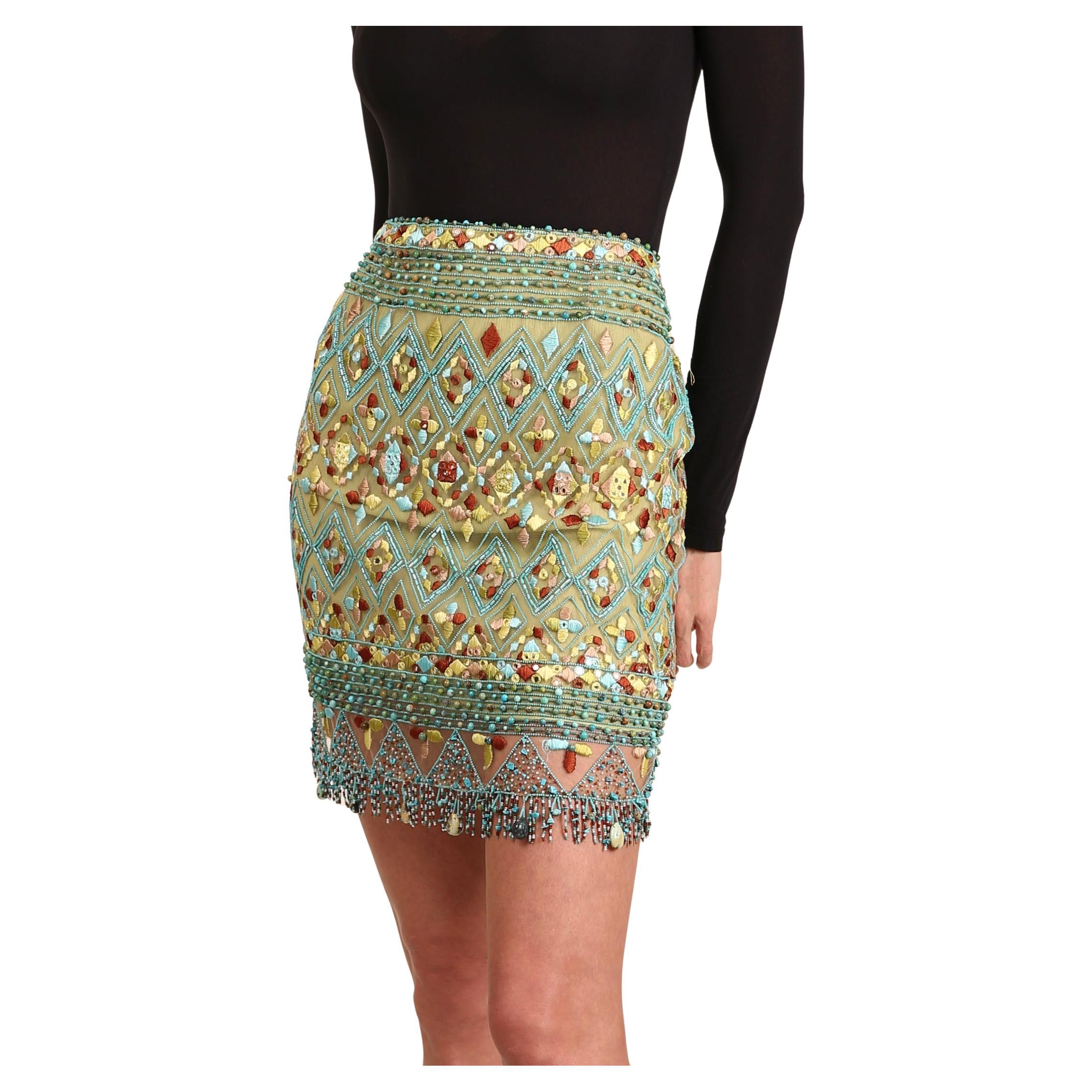 Naeem Khan mesh turquoise high waisted embroidered beaded embellished skirt For Sale