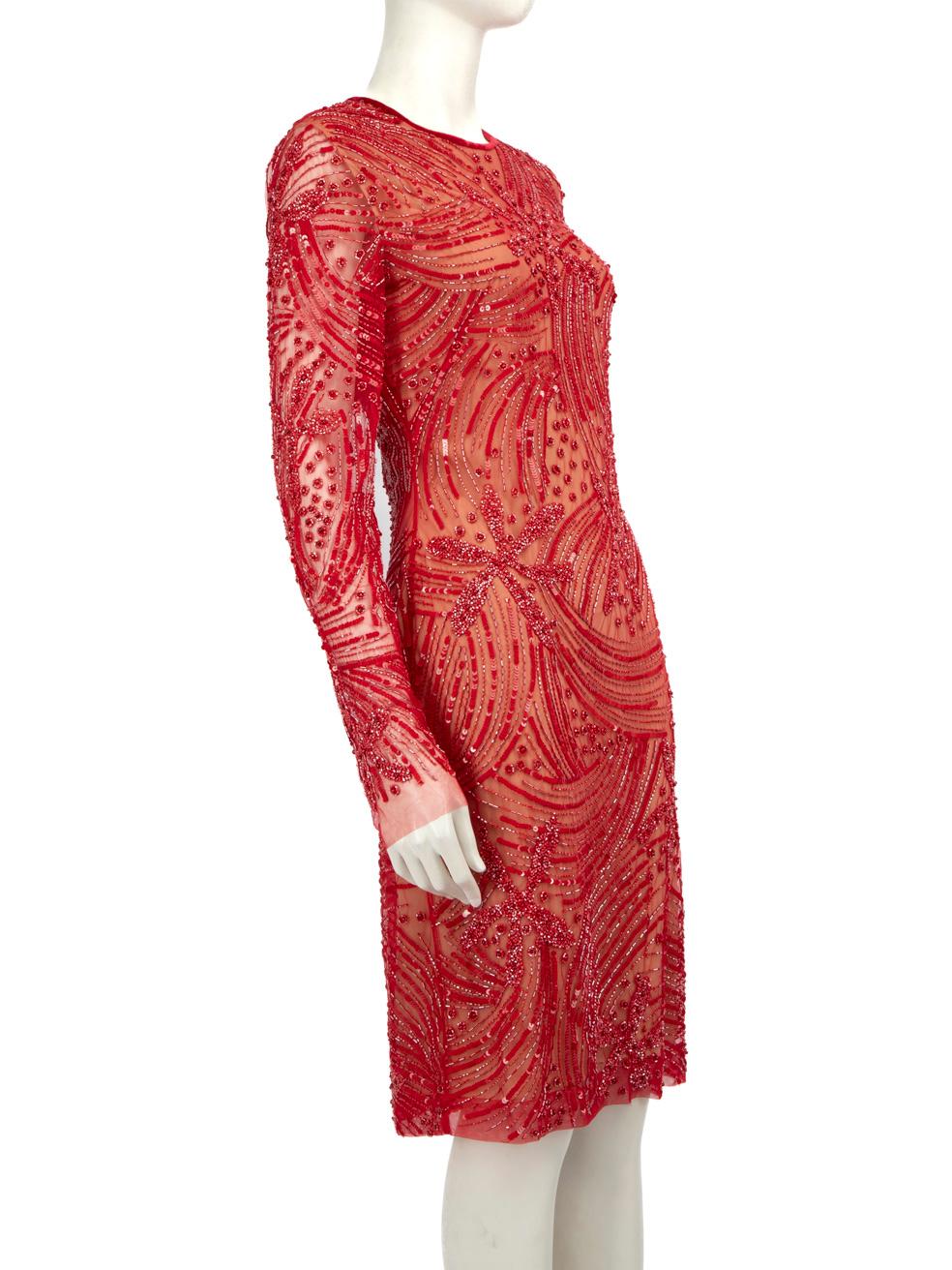CONDITION is Very good. Minimal wear to the dress is evident, there is a pull to the weave on the hem lining of this used Naeem Khan designer resale item.
  
  
  
  Details
  
  
  Red
  
  Silk
  
  Knee length dress
  
  Sequin embellished
