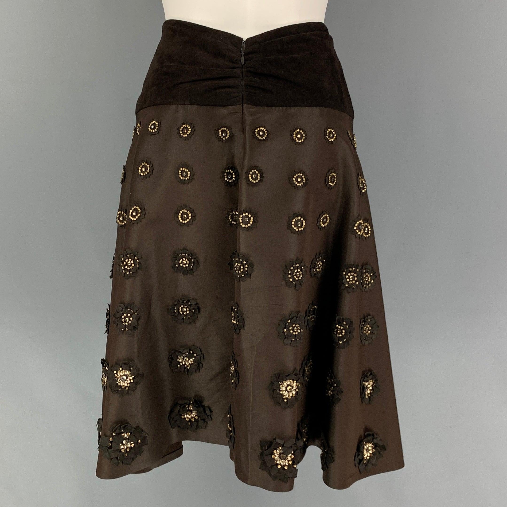 NAEEM KHAN Size 4 Brown Gold Silk Applique Circle Skirt In Good Condition For Sale In San Francisco, CA