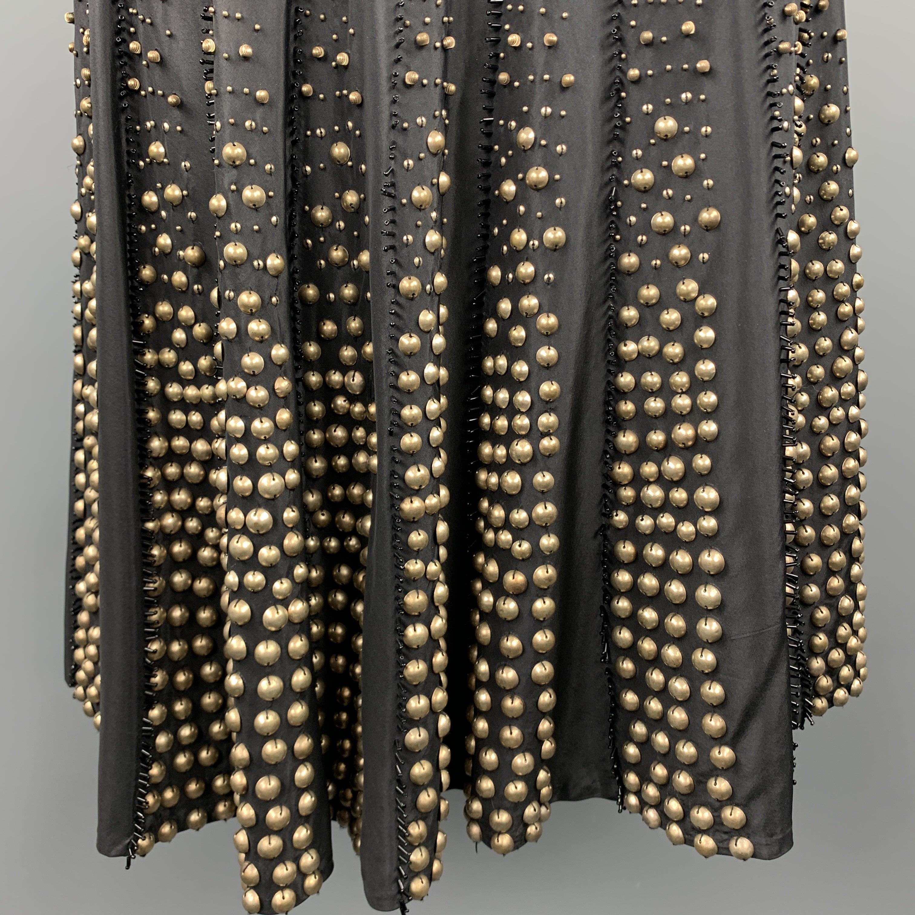 NAEEM KHAN Size 6 Black Gold Tone Metal Beaded Silk A Line Skirt In Good Condition For Sale In San Francisco, CA