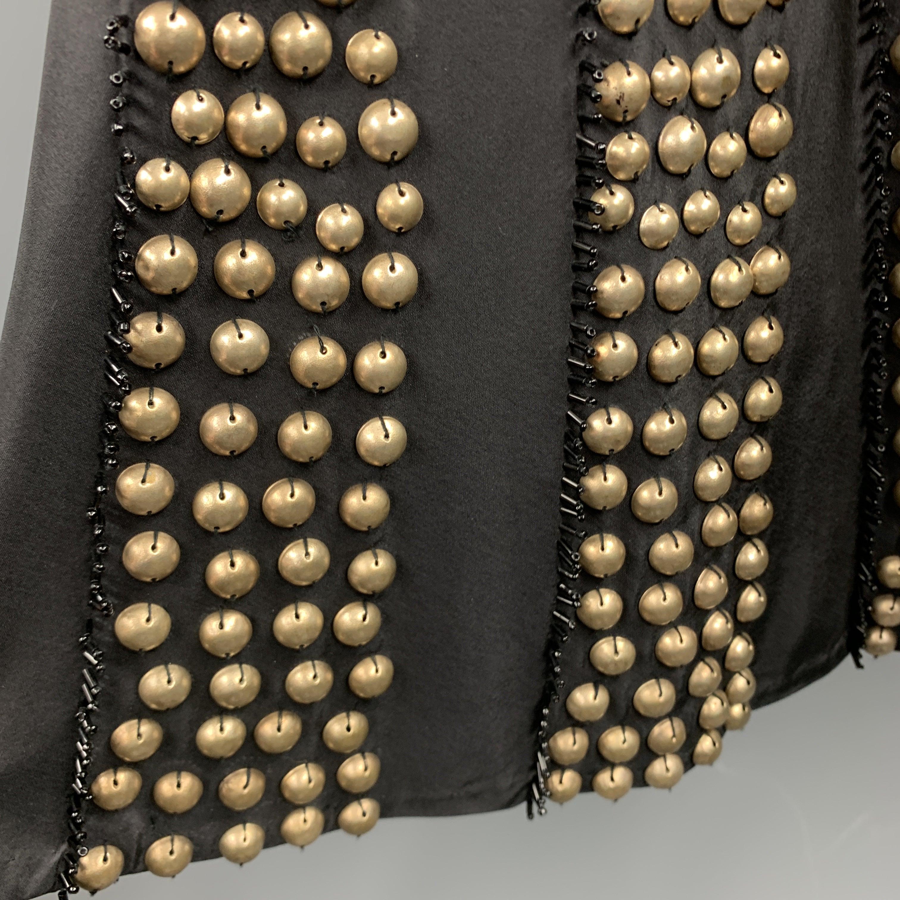 Women's NAEEM KHAN Size 6 Black Gold Tone Metal Beaded Silk A Line Skirt For Sale