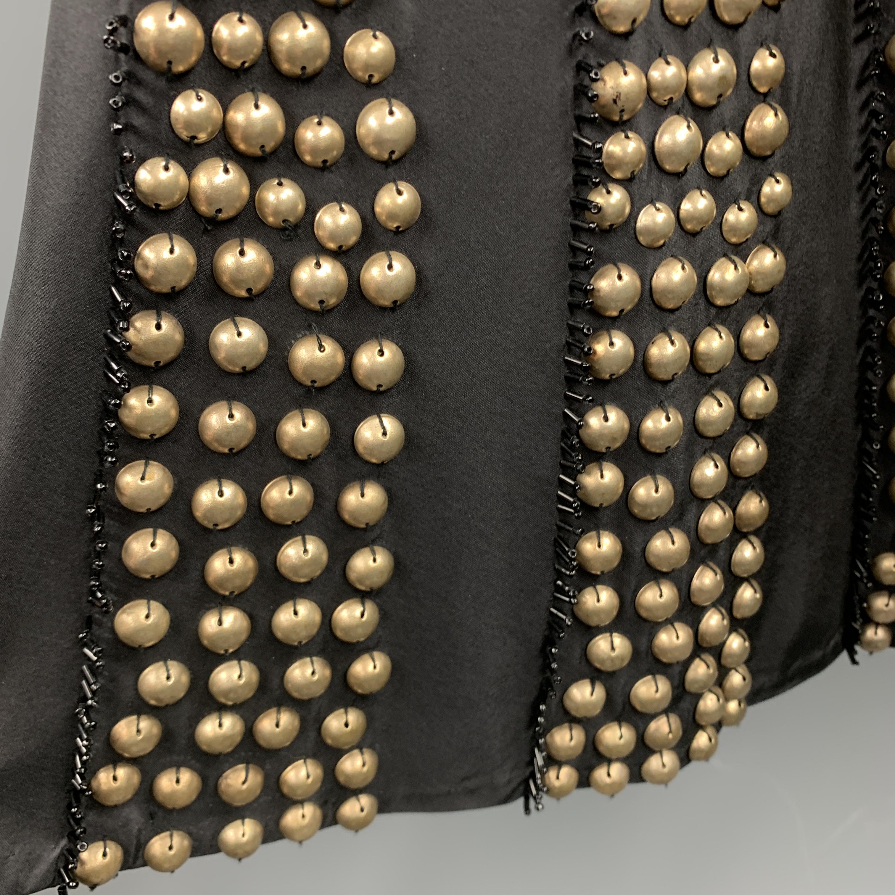 NAEEM KHAN Size 6 Black Gold Tone Metal Beaded Silk A Line Skirt In Excellent Condition In San Francisco, CA