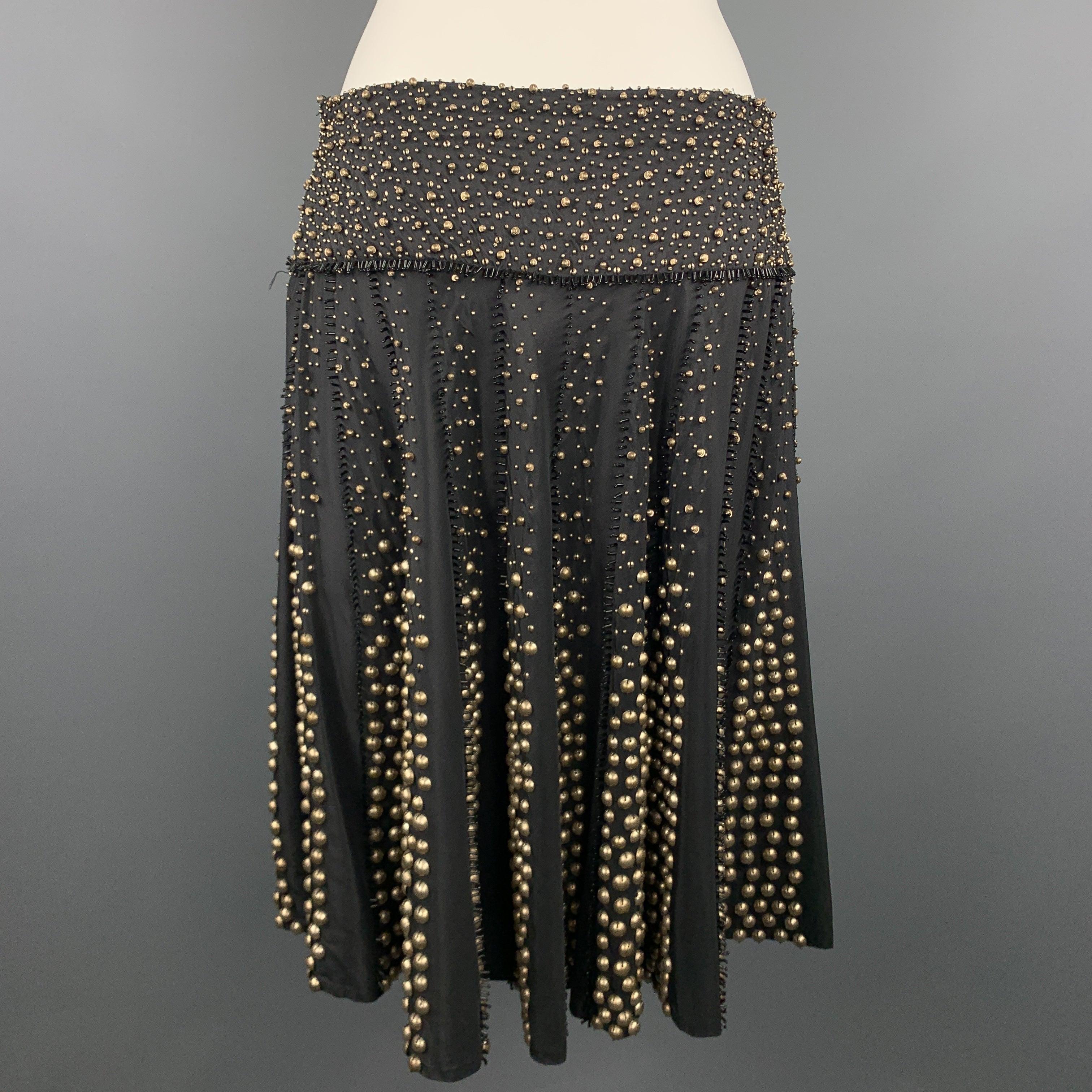 NAEEM KHAN Size 6 Black Gold Tone Metal Beaded Silk A Line Skirt For Sale 1