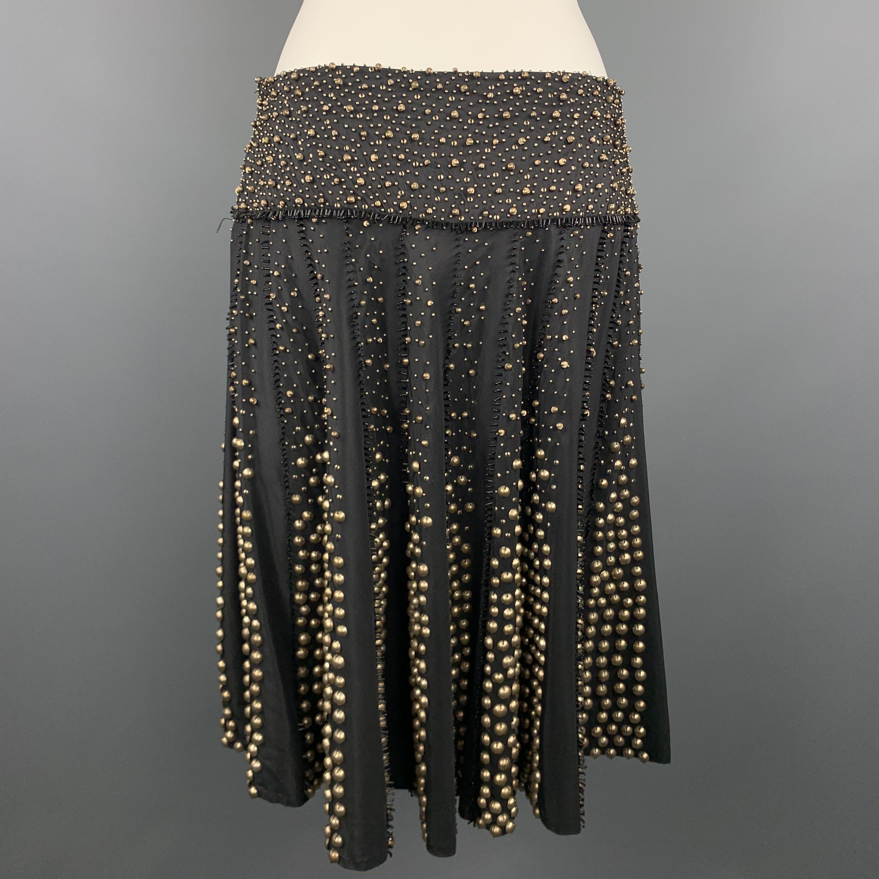 Women's NAEEM KHAN Size 6 Black Gold Tone Metal Beaded Silk A Line Skirt