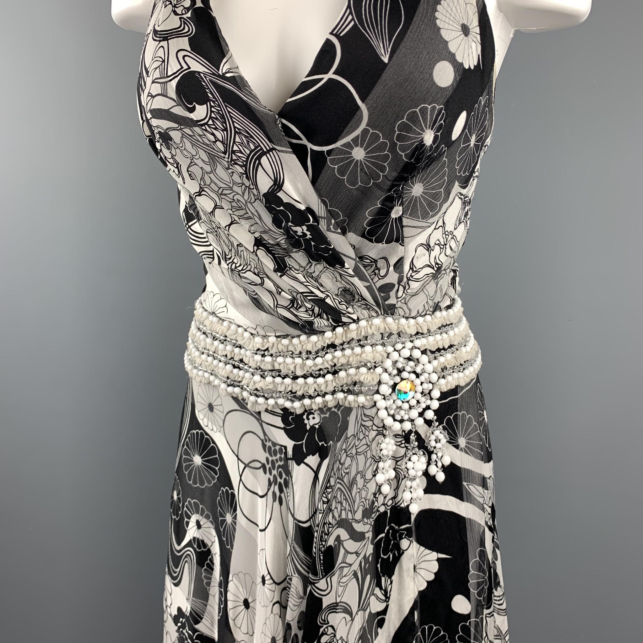 NAEEM KHAN Size 6 Black & White Floral Silk Beaded Halter Gown In Good Condition In San Francisco, CA