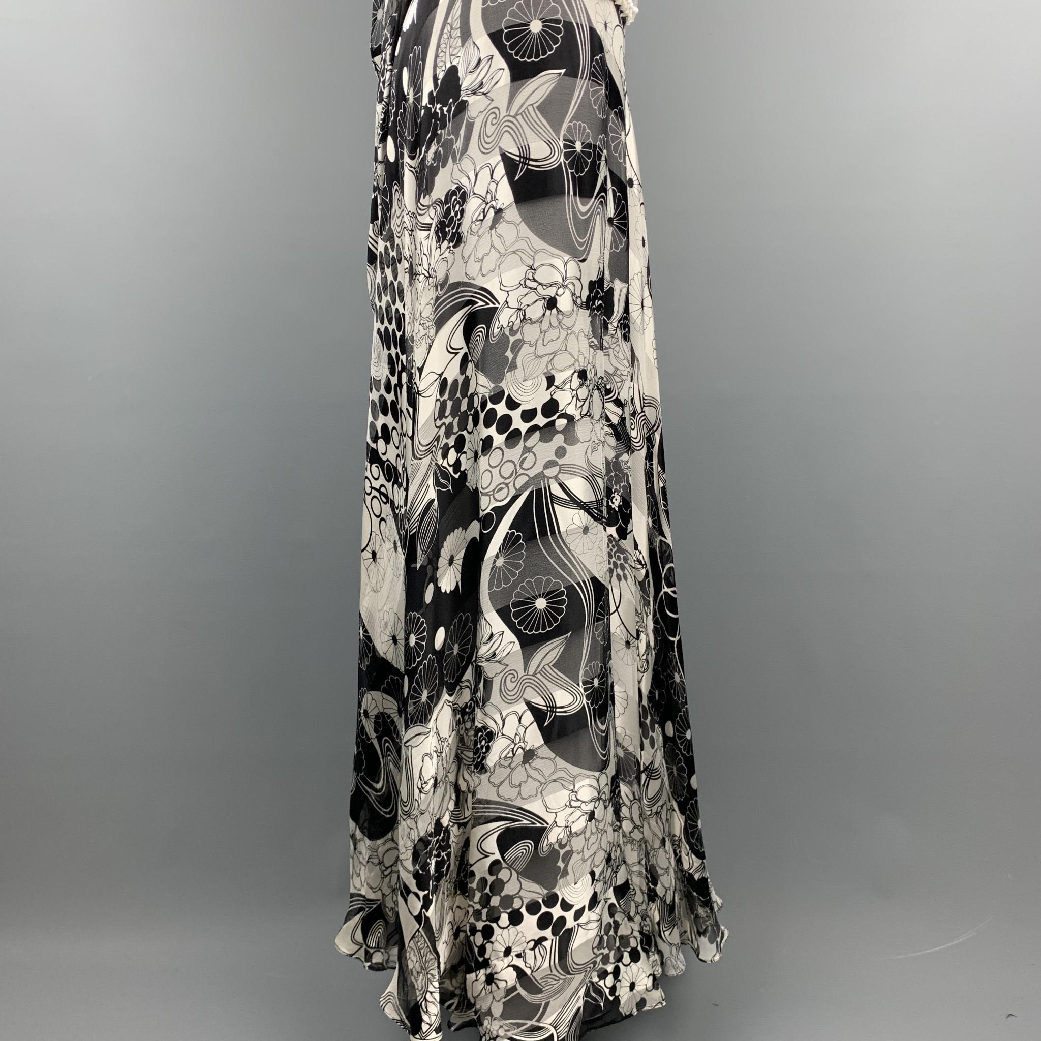 NAEEM KHAN Size 6 Black & White Floral Silk Beaded Halter Gown 1