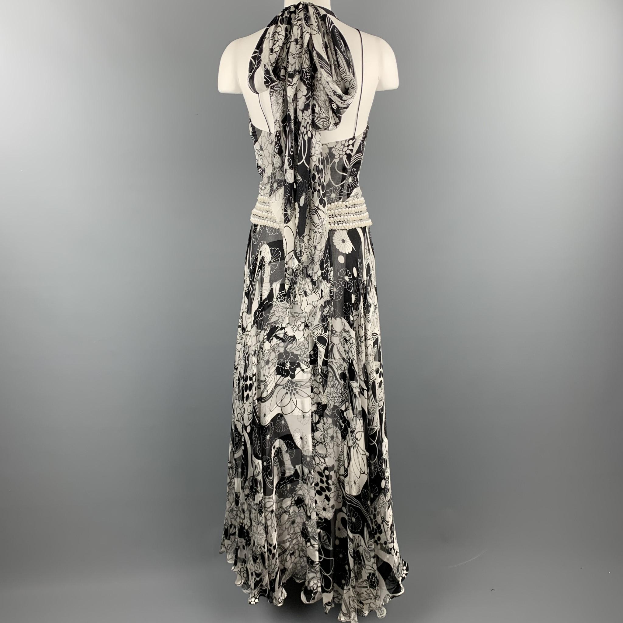 NAEEM KHAN Size 6 Black & White Floral Silk Beaded Halter Gown 3