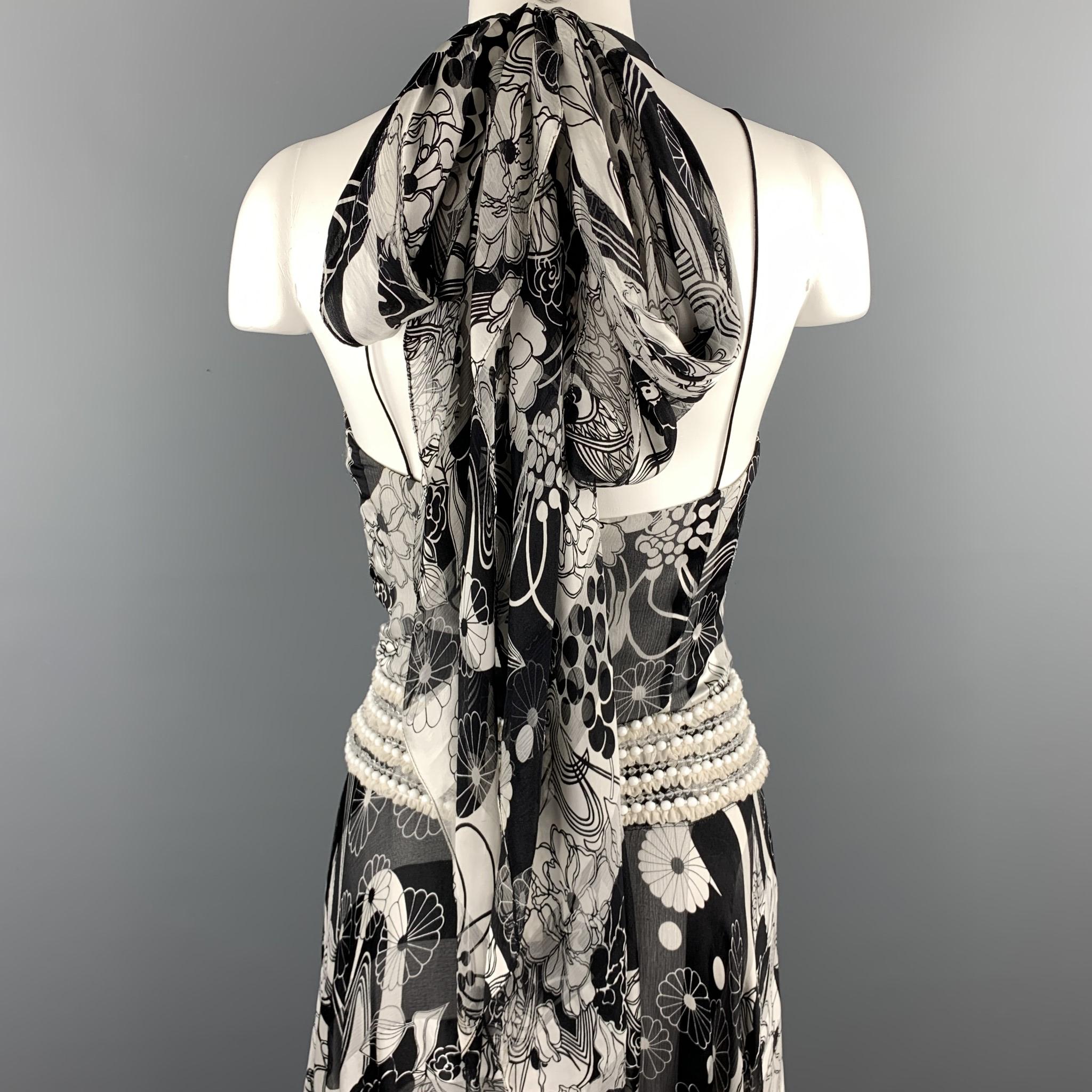 NAEEM KHAN Size 6 Black & White Floral Silk Beaded Halter Gown 4