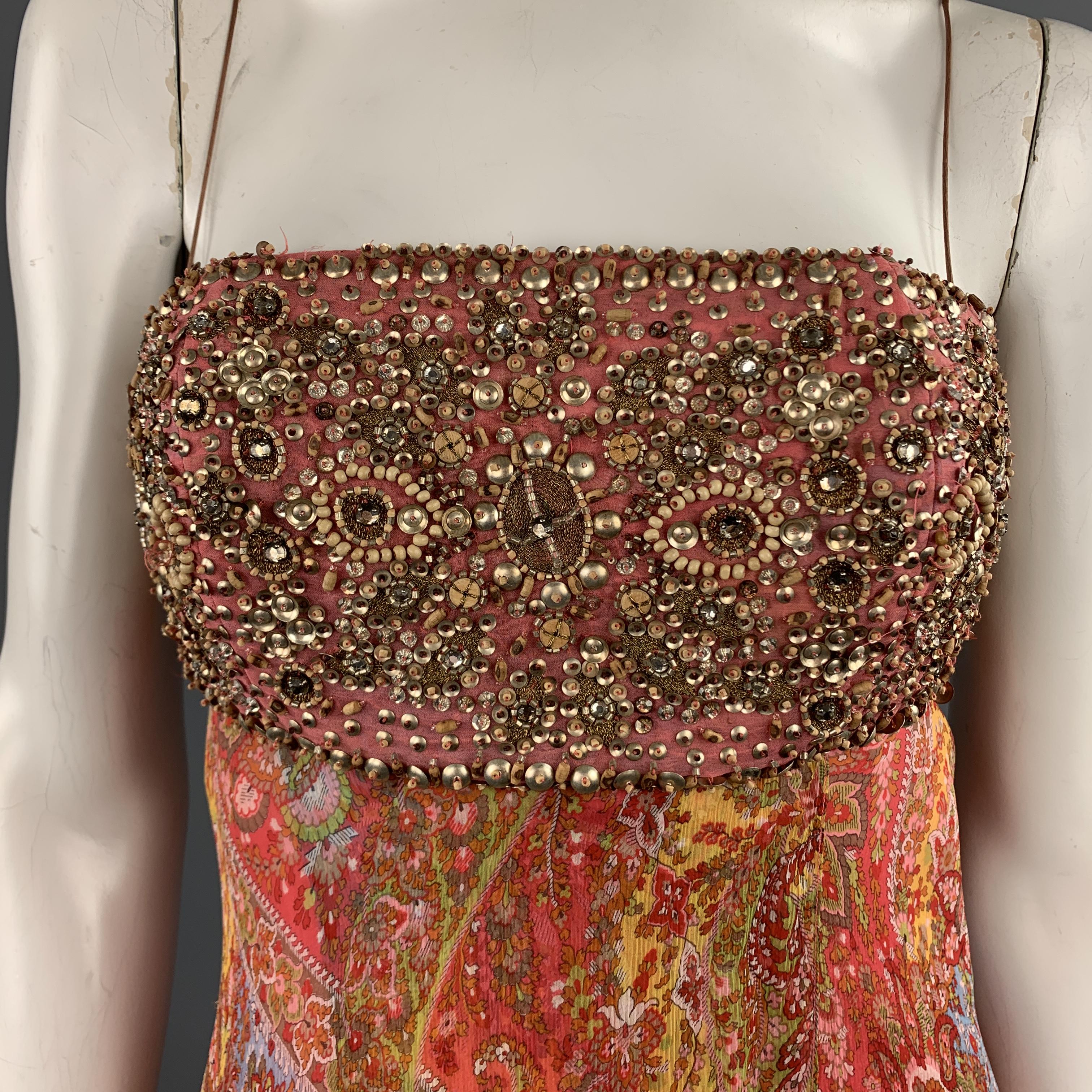 Brown NAEEM KHAN Size 6 Multi Color Paisley Chiffon Beaded Bodice Gown