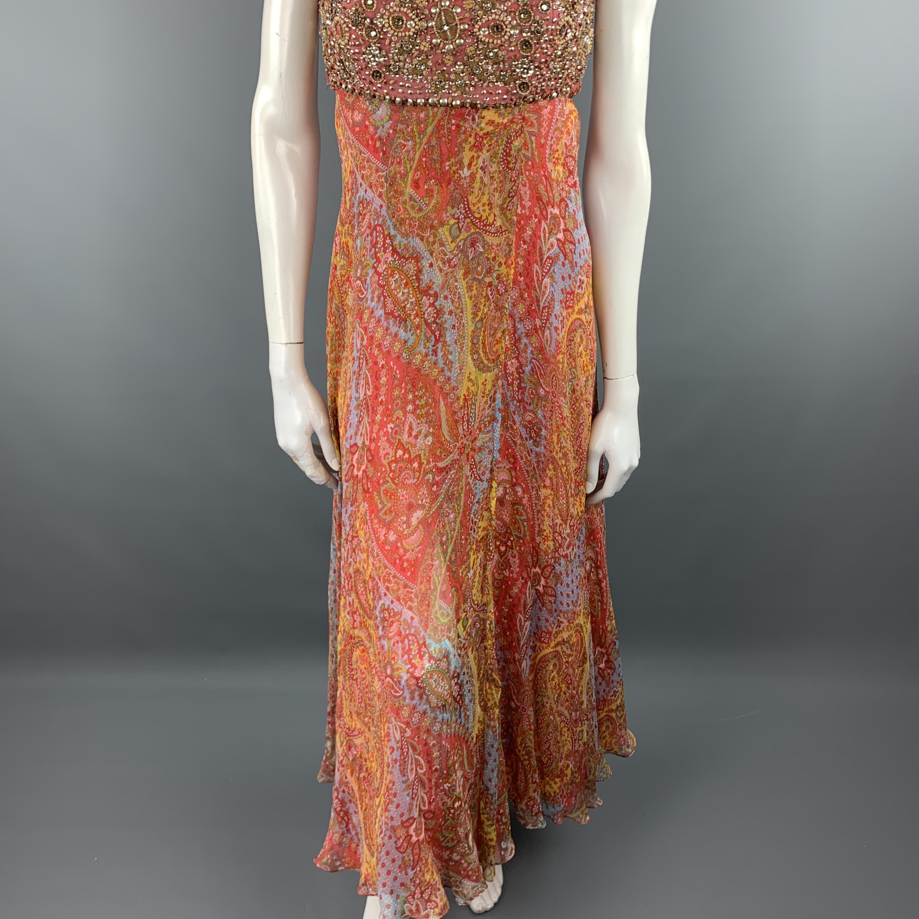 Women's NAEEM KHAN Size 6 Multi Color Paisley Chiffon Beaded Bodice Gown
