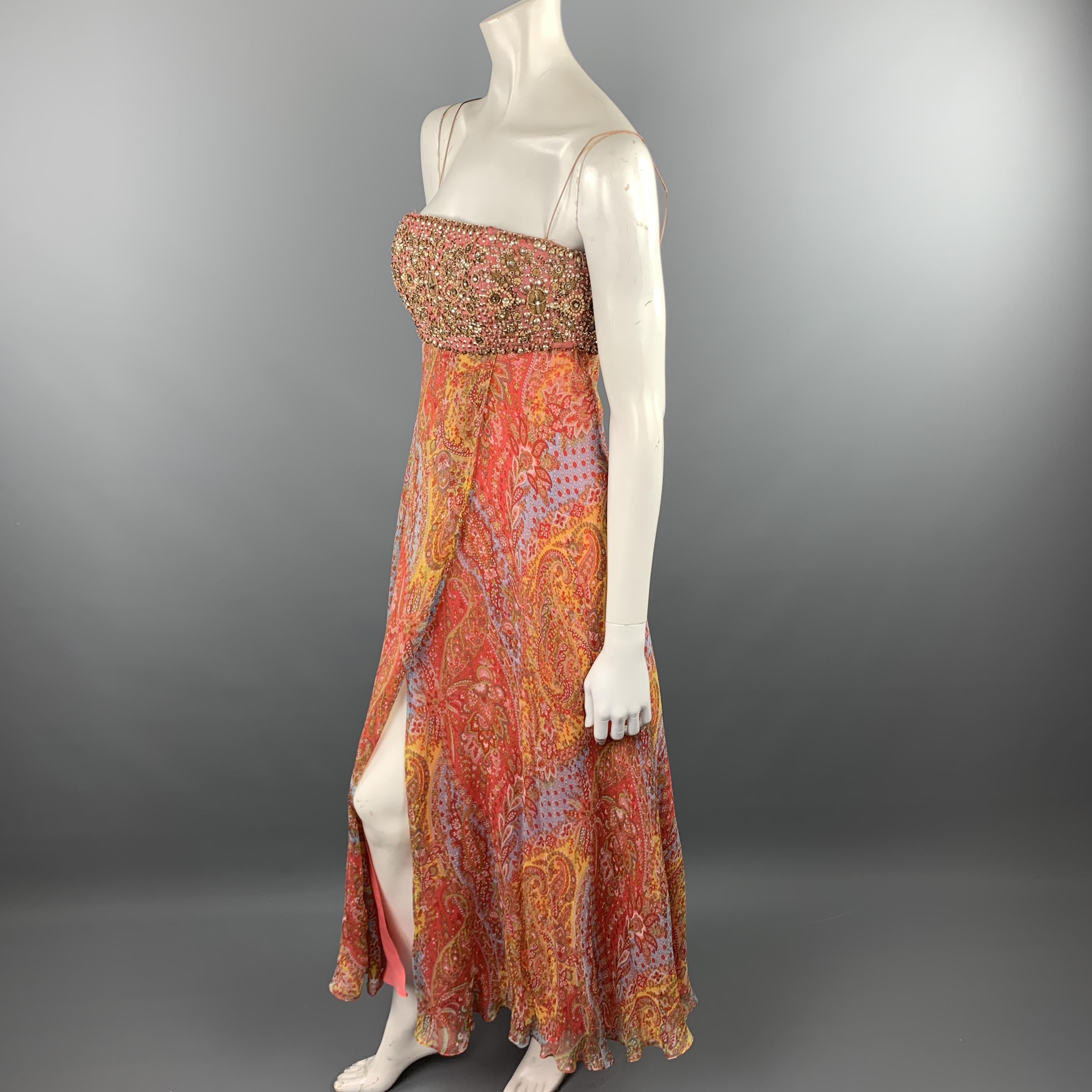 NAEEM KHAN Size 6 Multi Color Paisley Chiffon Beaded Bodice Gown 2