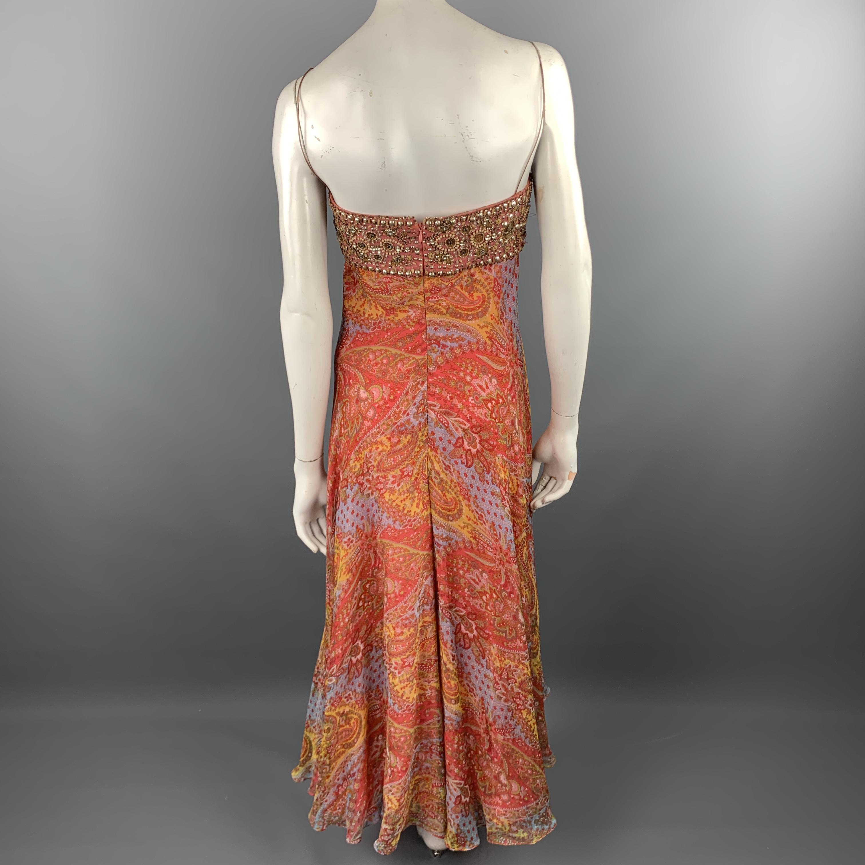 NAEEM KHAN Size 6 Multi Color Paisley Chiffon Beaded Bodice Gown 3