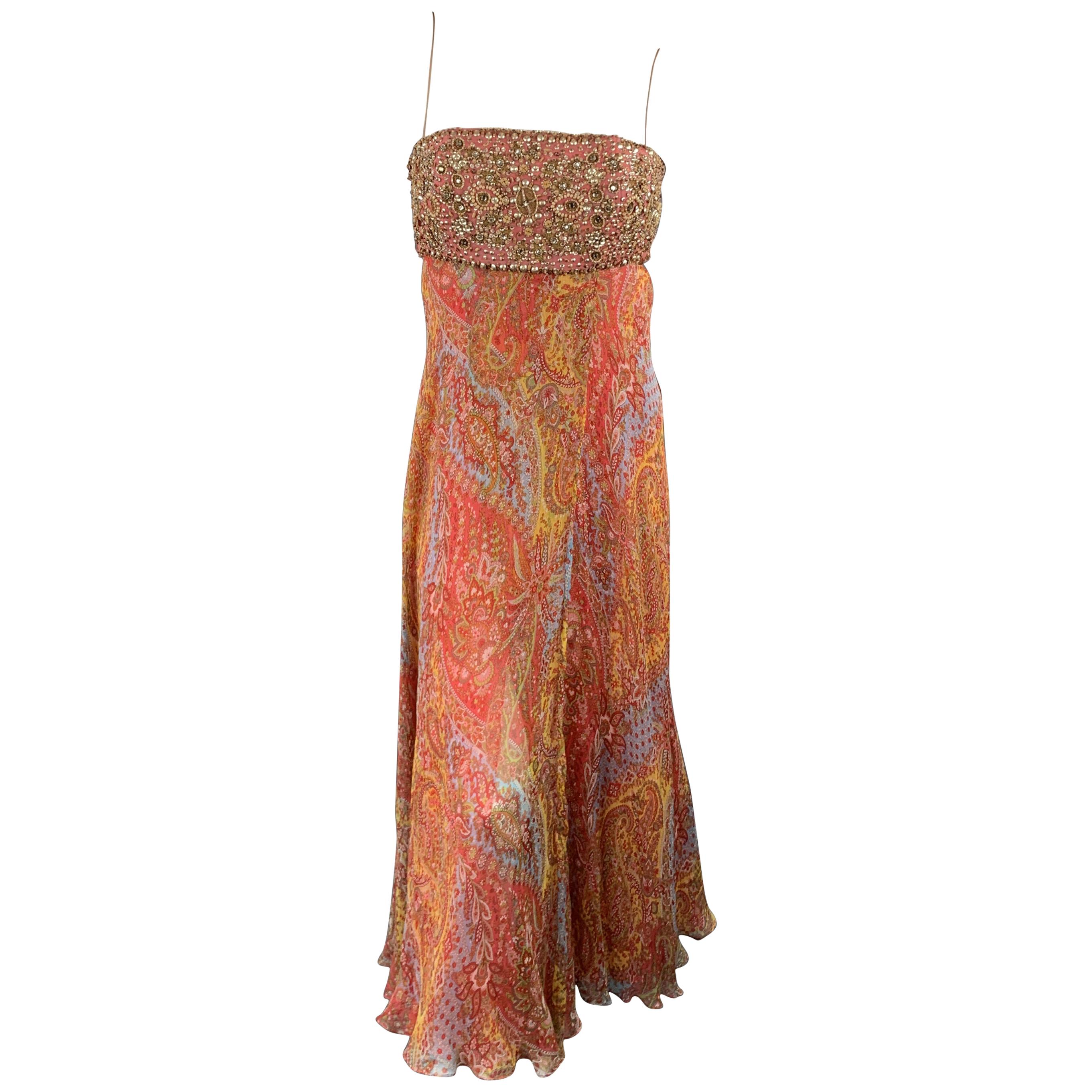 NAEEM KHAN Size 6 Multi Color Paisley Chiffon Beaded Bodice Gown
