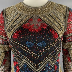 NAEEM KHAN Size 8 Silver Red & Blue Nylon Sequined Midi Cocktail Dress
