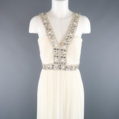 NAEEM KHAN Size M Cream Silk Crepe Chiffon Rhinestone Beaded Strap Dress / Gown