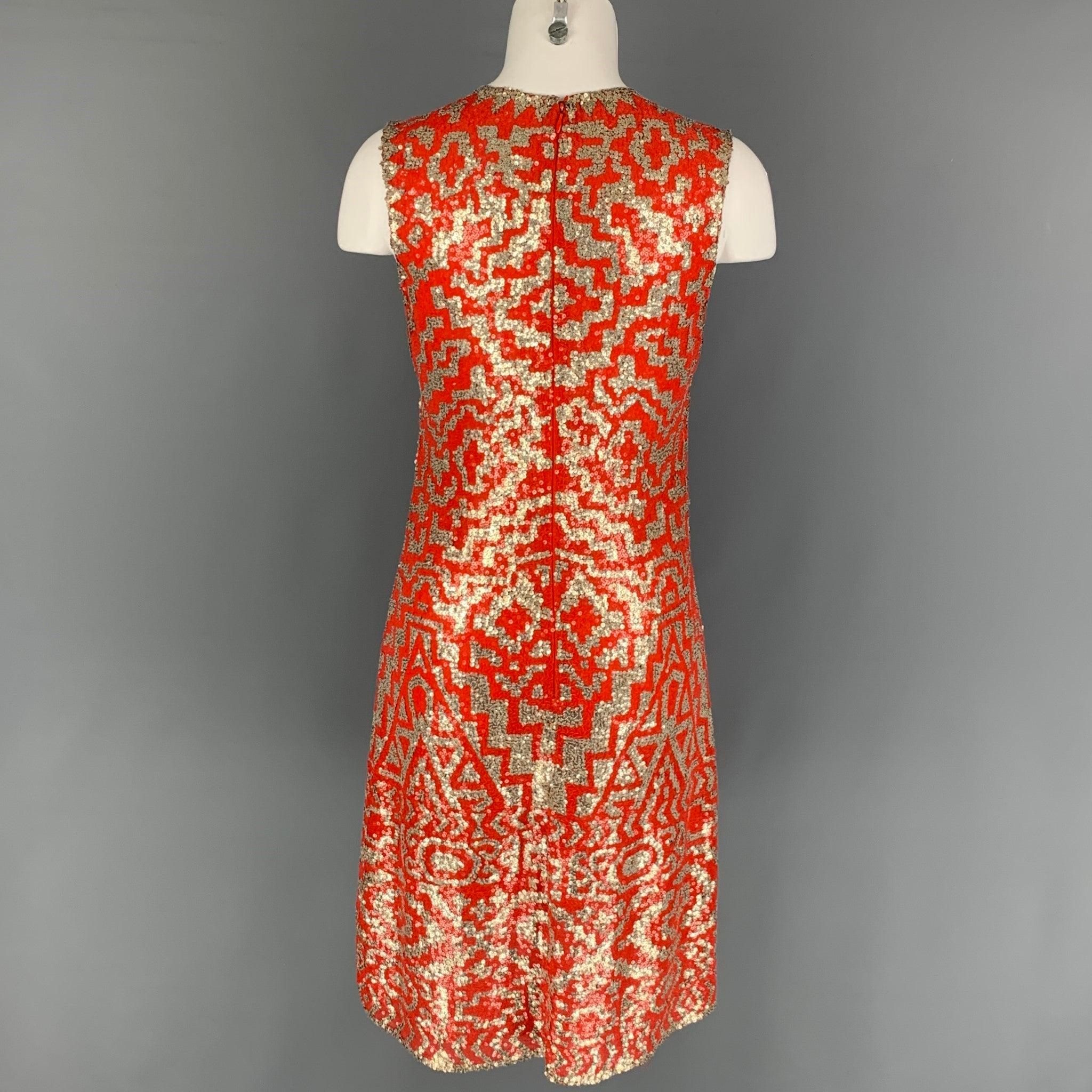 NAEEM KHAN Size M Orange Silver Geometric Sleeveless Cocktail Dress In Good Condition For Sale In San Francisco, CA