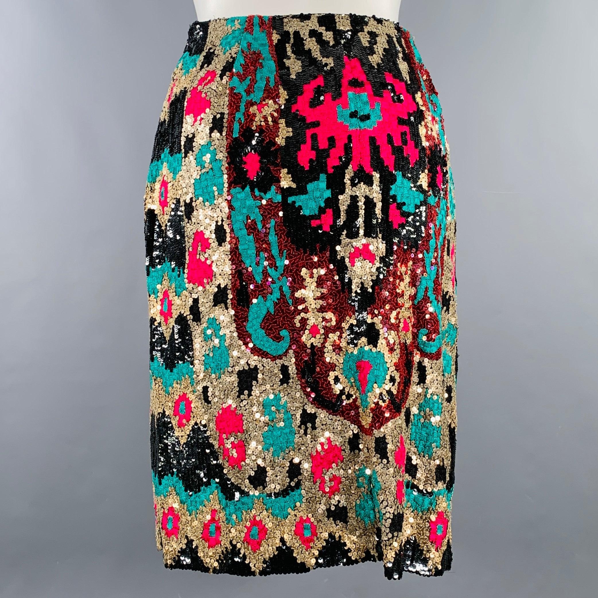 NAEEM KHAN Size S Black Pink Green Sequined Pencil Below Knee Skirt In Excellent Condition In San Francisco, CA