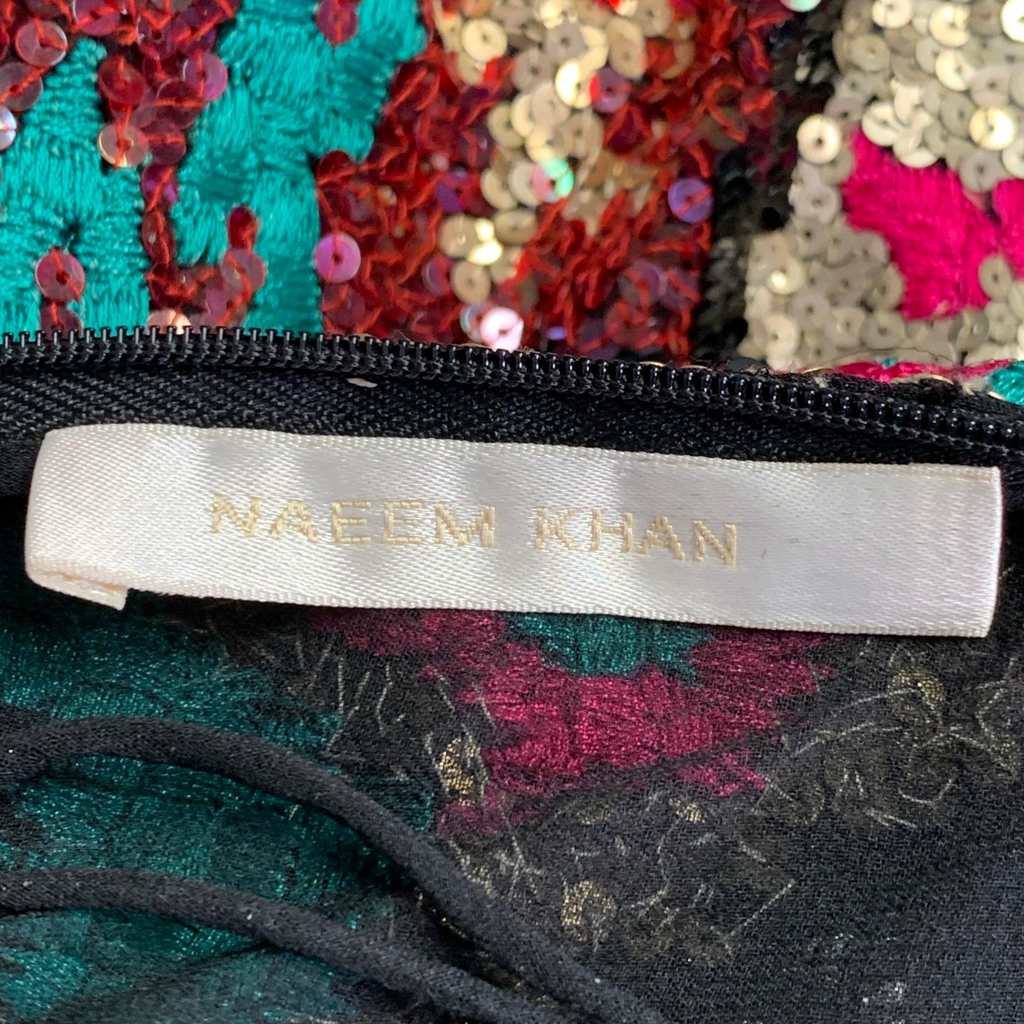 Women's NAEEM KHAN Size S Black Pink Green Sequined Pencil Below Knee Skirt