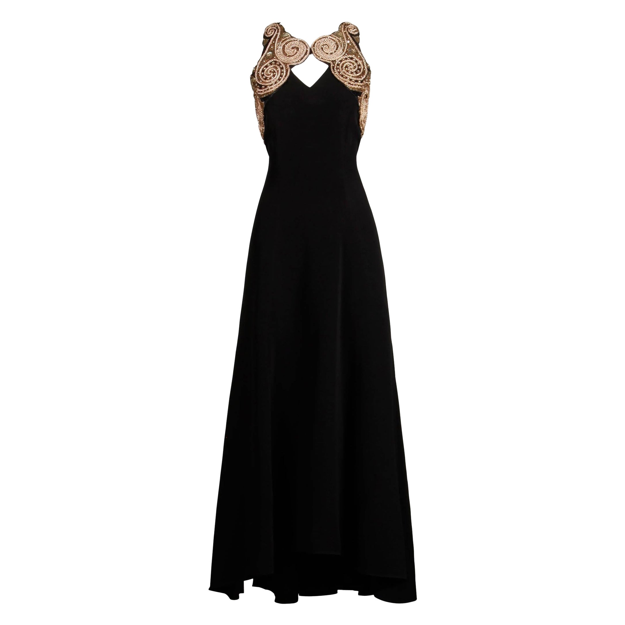 Naeem Khan Vintage Black Metallic Gold Beaded and Sequin Evening Dress, 1990s