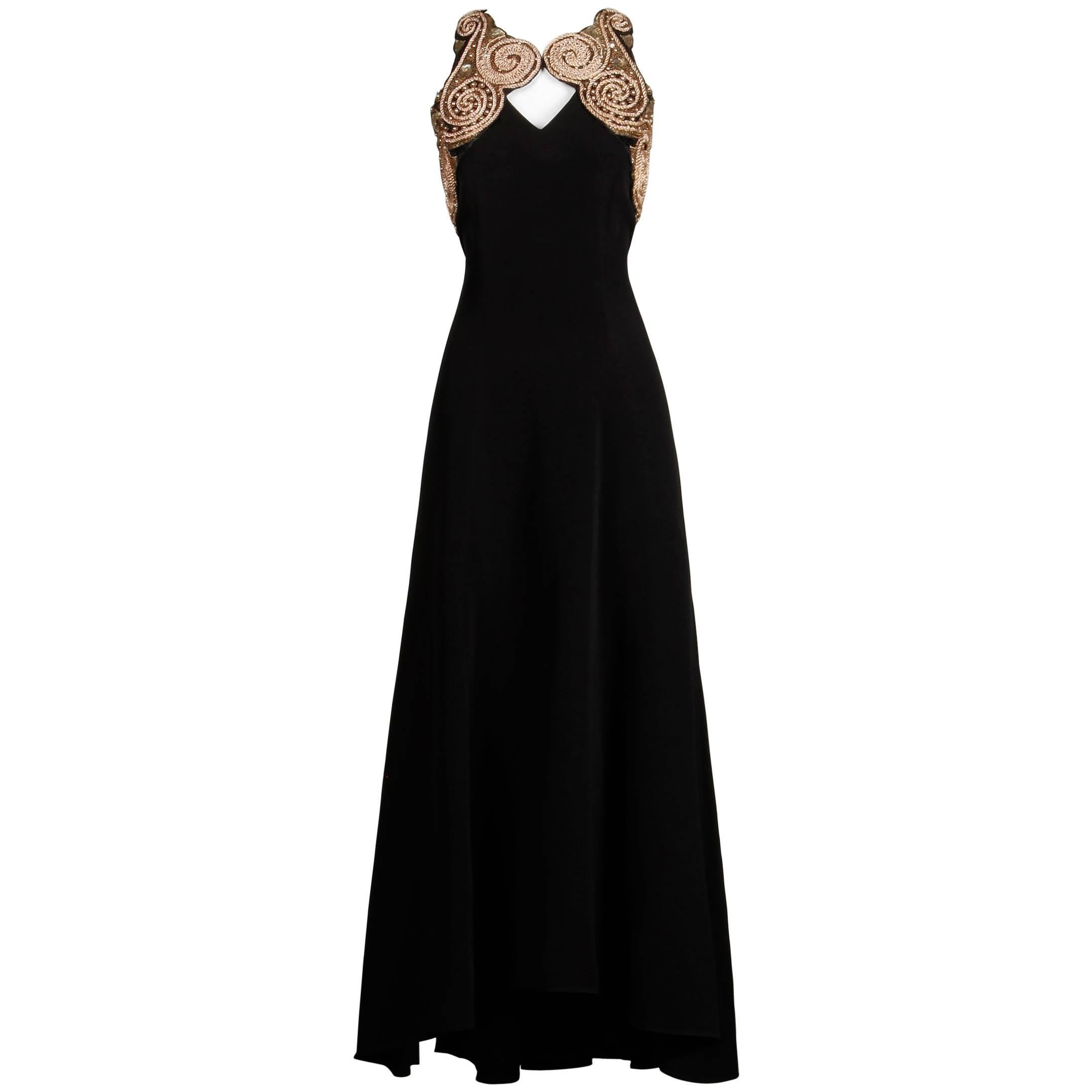 Naeem Khan Vintage Black Metallic Gold Beaded and Sequin Evening Dress, 1990s