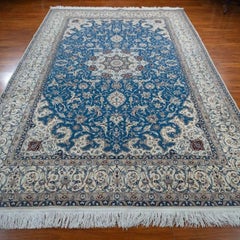 Naein Turkish Blue Wool & Silk Area Rug, Hand-Knotted, 7' x 11'5"