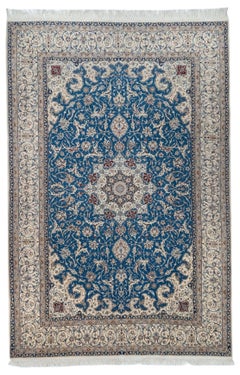 Naein Turkish Blue Wool & Silk Area Rug, Hand-Knotted, 7' x 11'5"