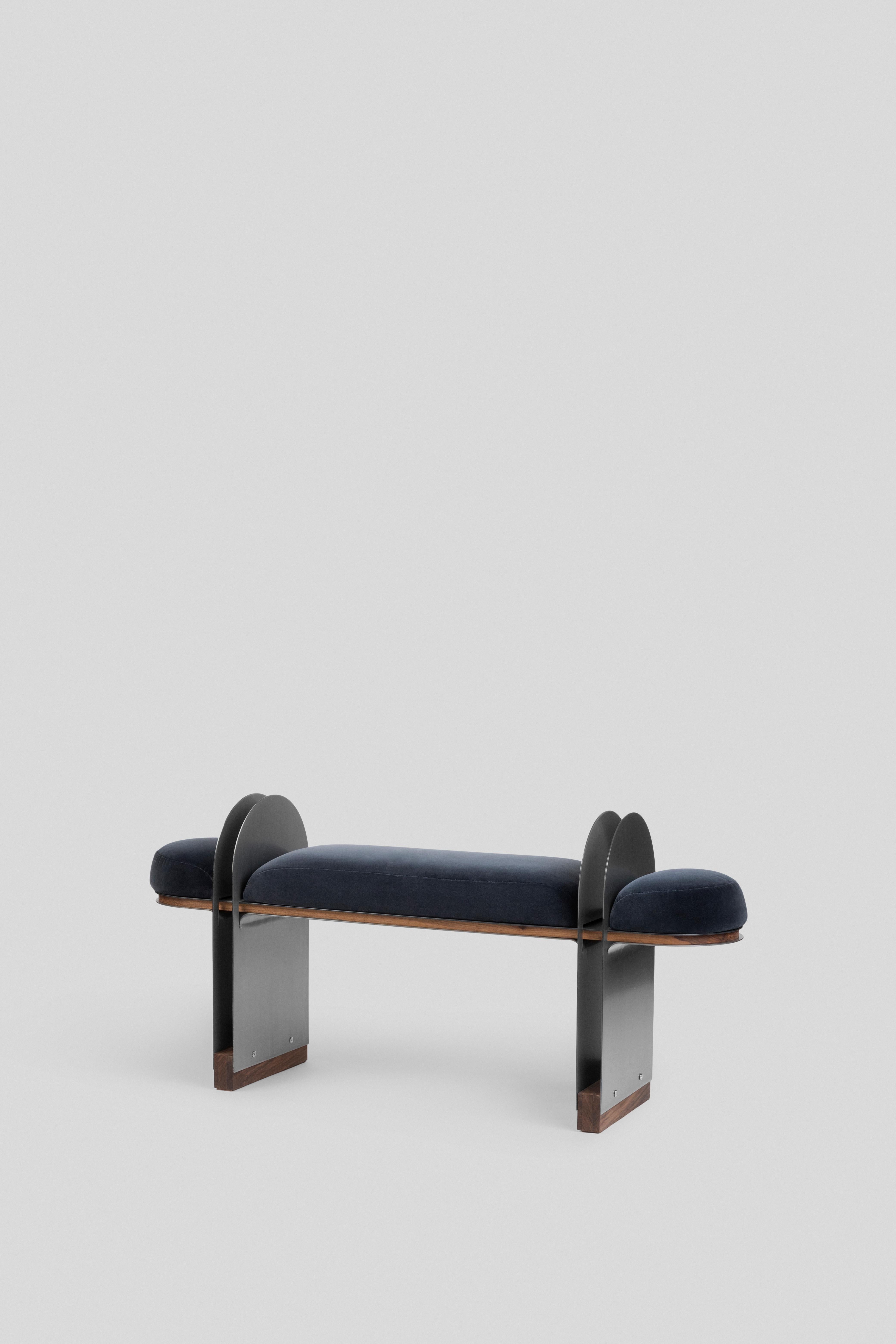 Mexican Contemporary Steel, Walnut, and Upholstery NAFIH Bench, by ADHOC For Sale