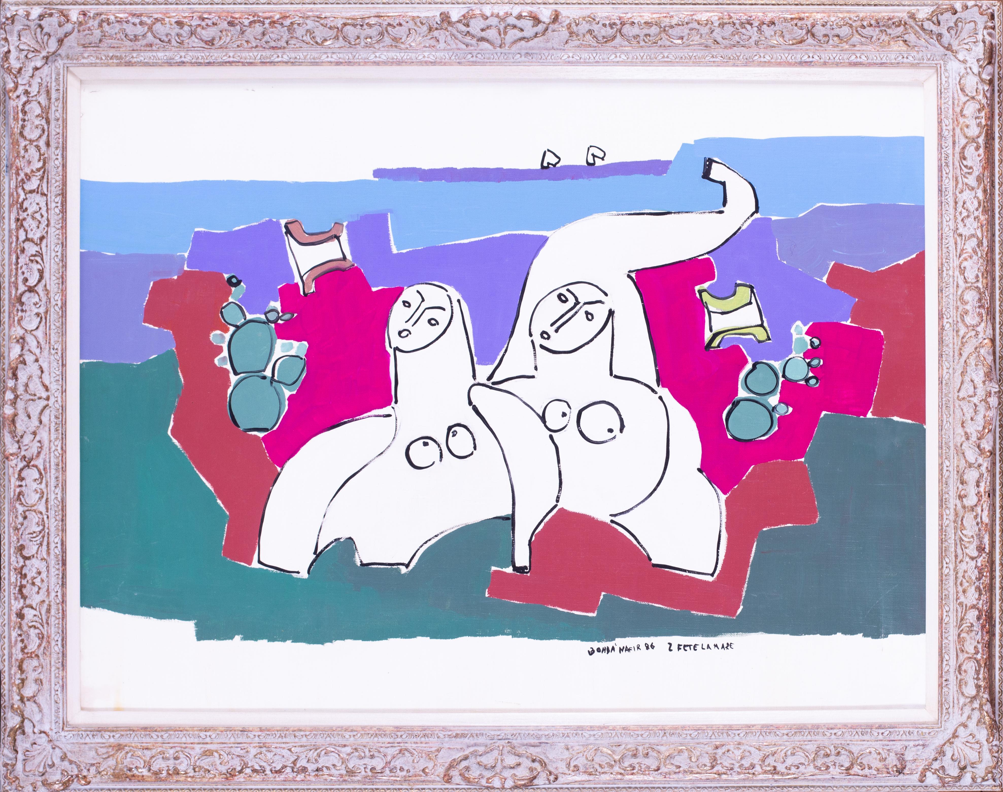 Rumänische abstrakte figurative Aktmalerei von Nafir Boaba, rosa/violett