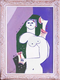 Romanian abstract figurative painting by Nafir Boaba, purple and white