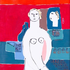 Romanian abstract figurative painting by Nafir Boaba, reds and teal, nude