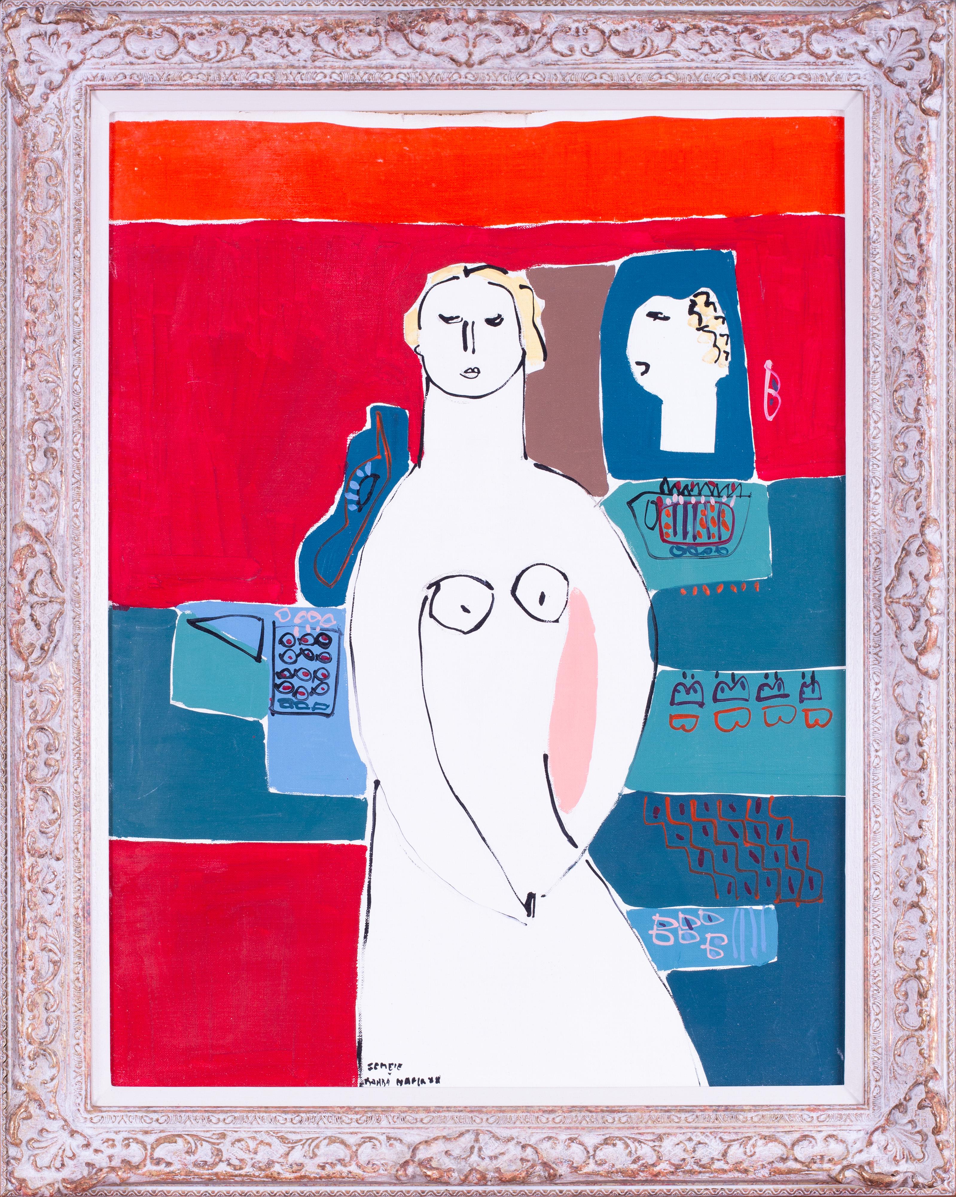 Romanian abstract figurative painting by Nafir Boaba, reds and teal, nude