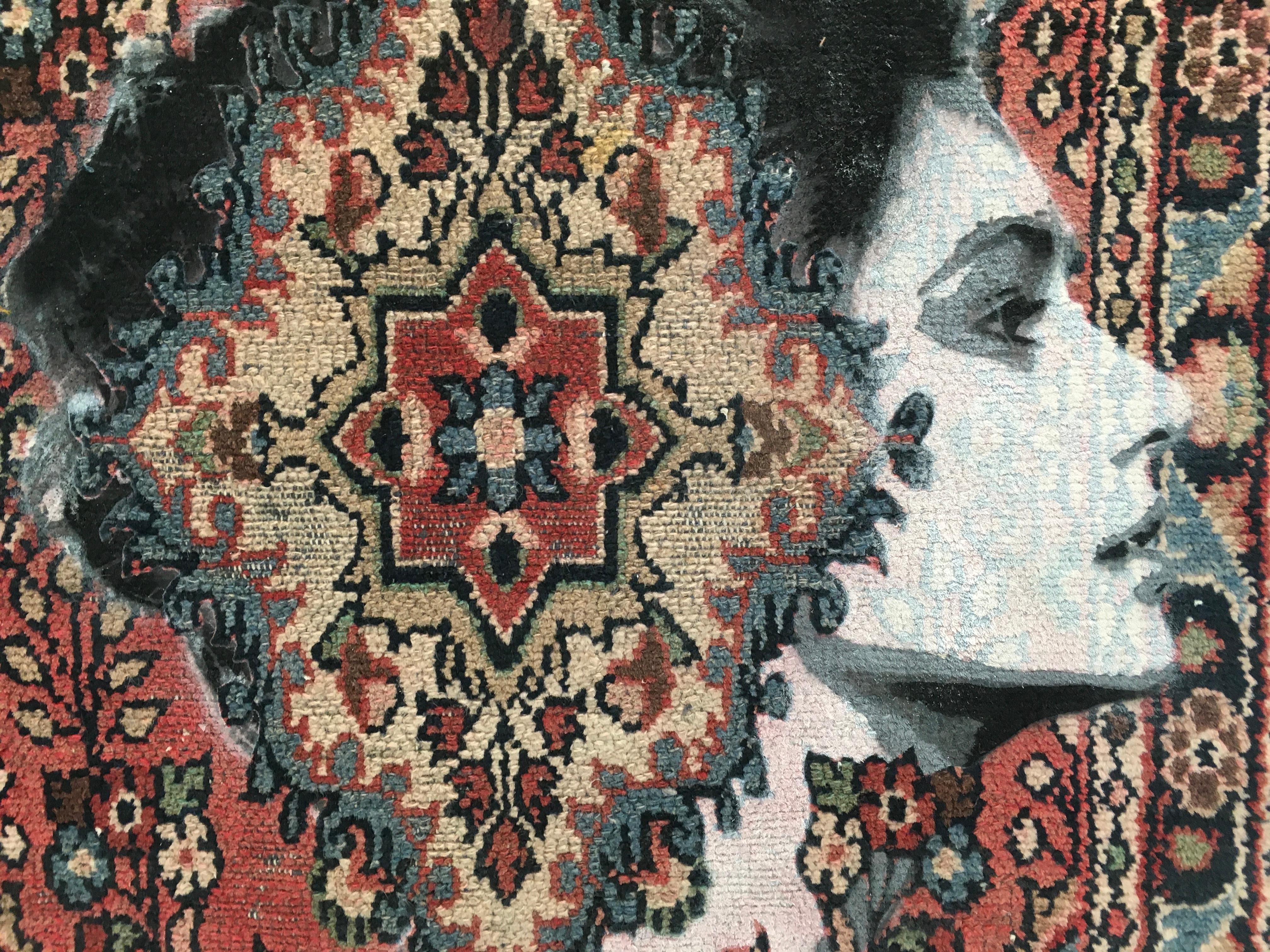 In Her Head In The End, Spray Paint and Marker on Old Iranian Rug - Painting by Nafir