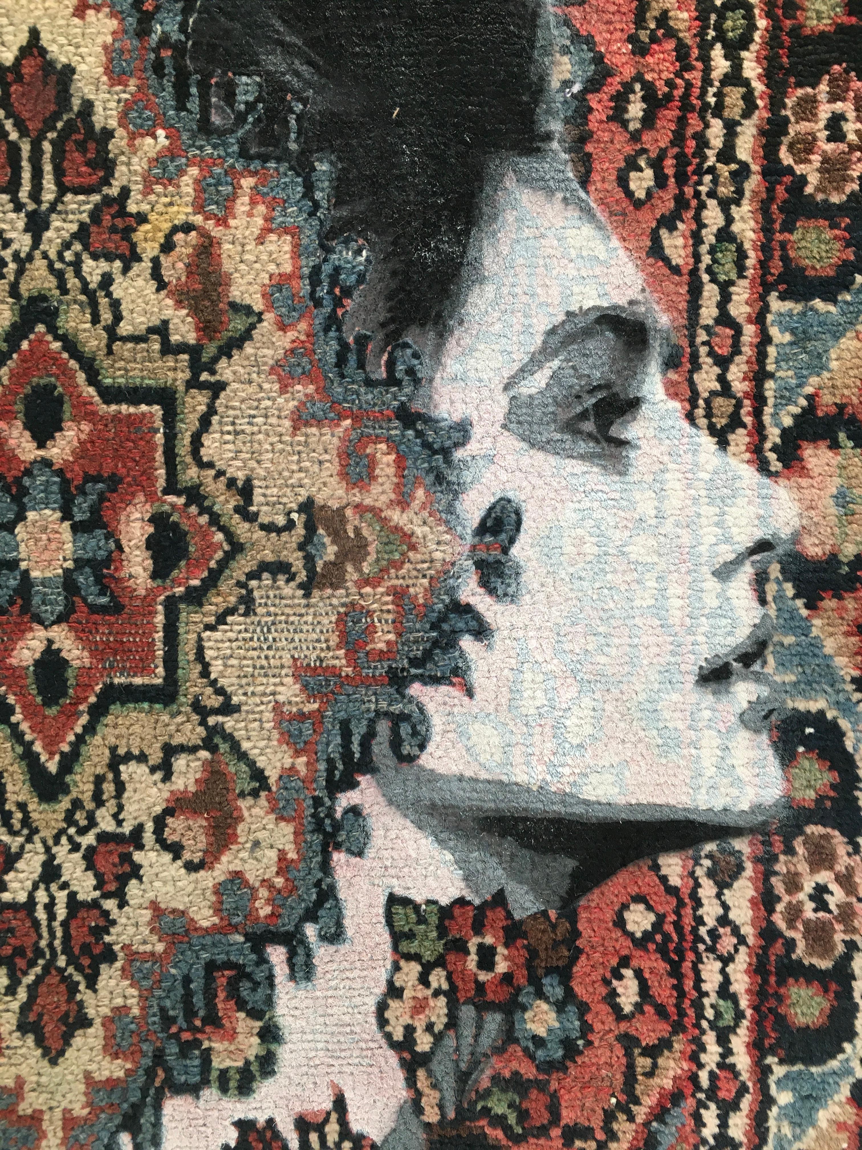 In Her Head In The End, Sprühfarbe und Marker auf altem iranischen Teppich (Grau), Figurative Painting, von Nafir