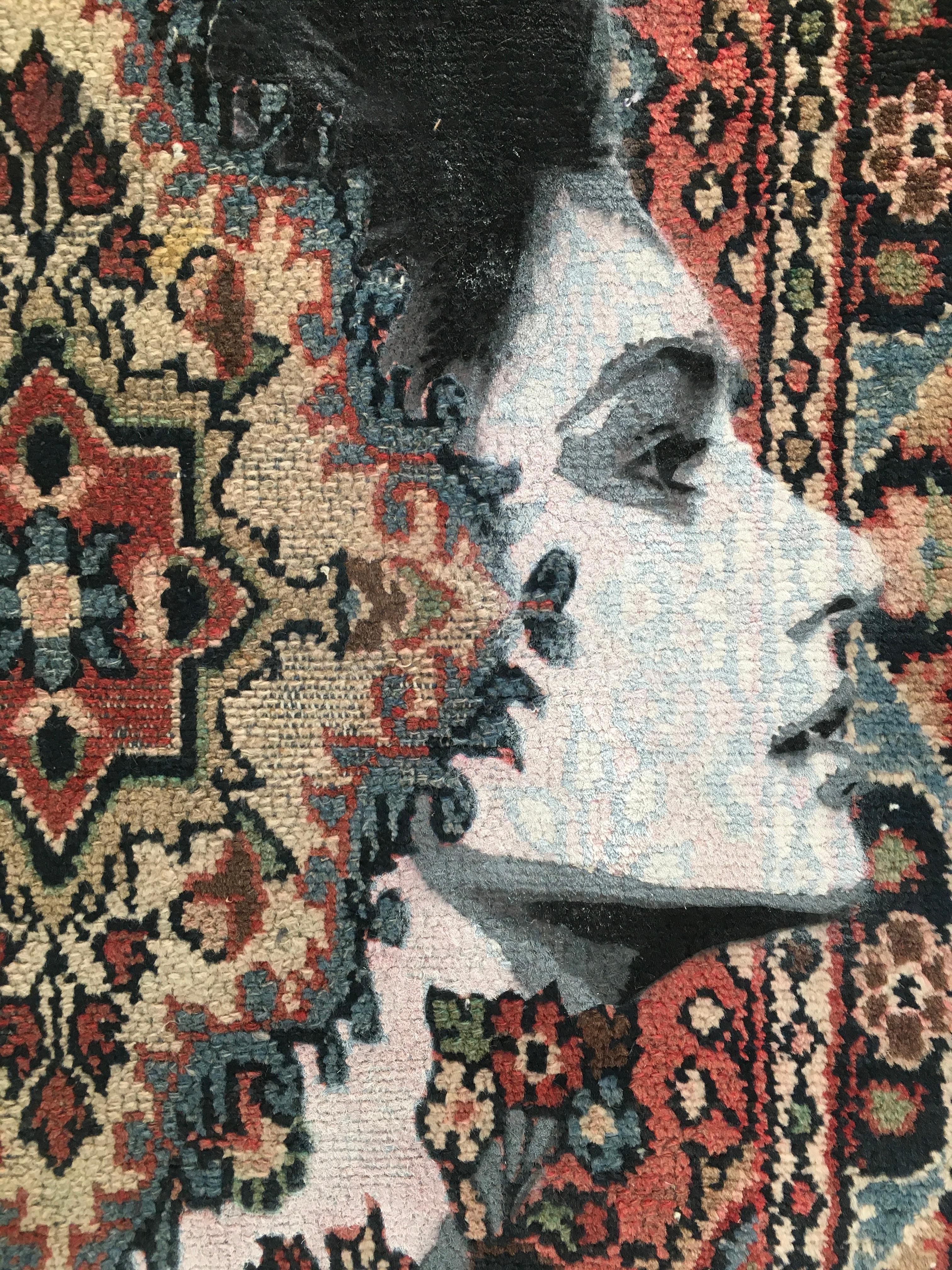 IN THE HEAD IN THE END, Vernice spray e pennarello su vecchio tappeto iraniano Firmato dall'autore - Figurative Painting Grigio di Nafir