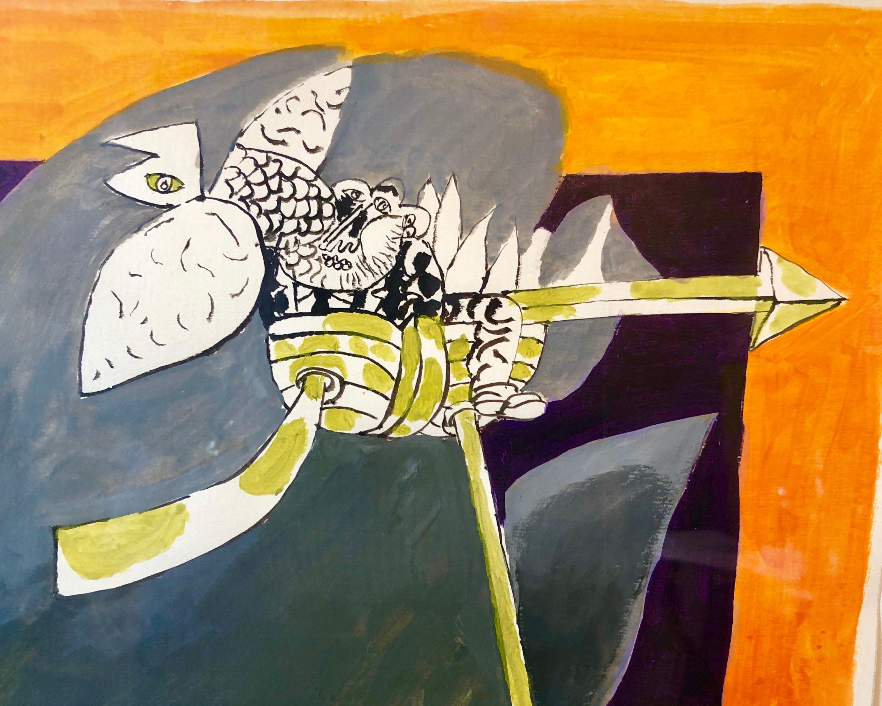 Rara Pintura Surrealista Judaica Alemana Israelí Abstracta Acuarela Gouache - Abstract Painting Beige de Naftali Bezem