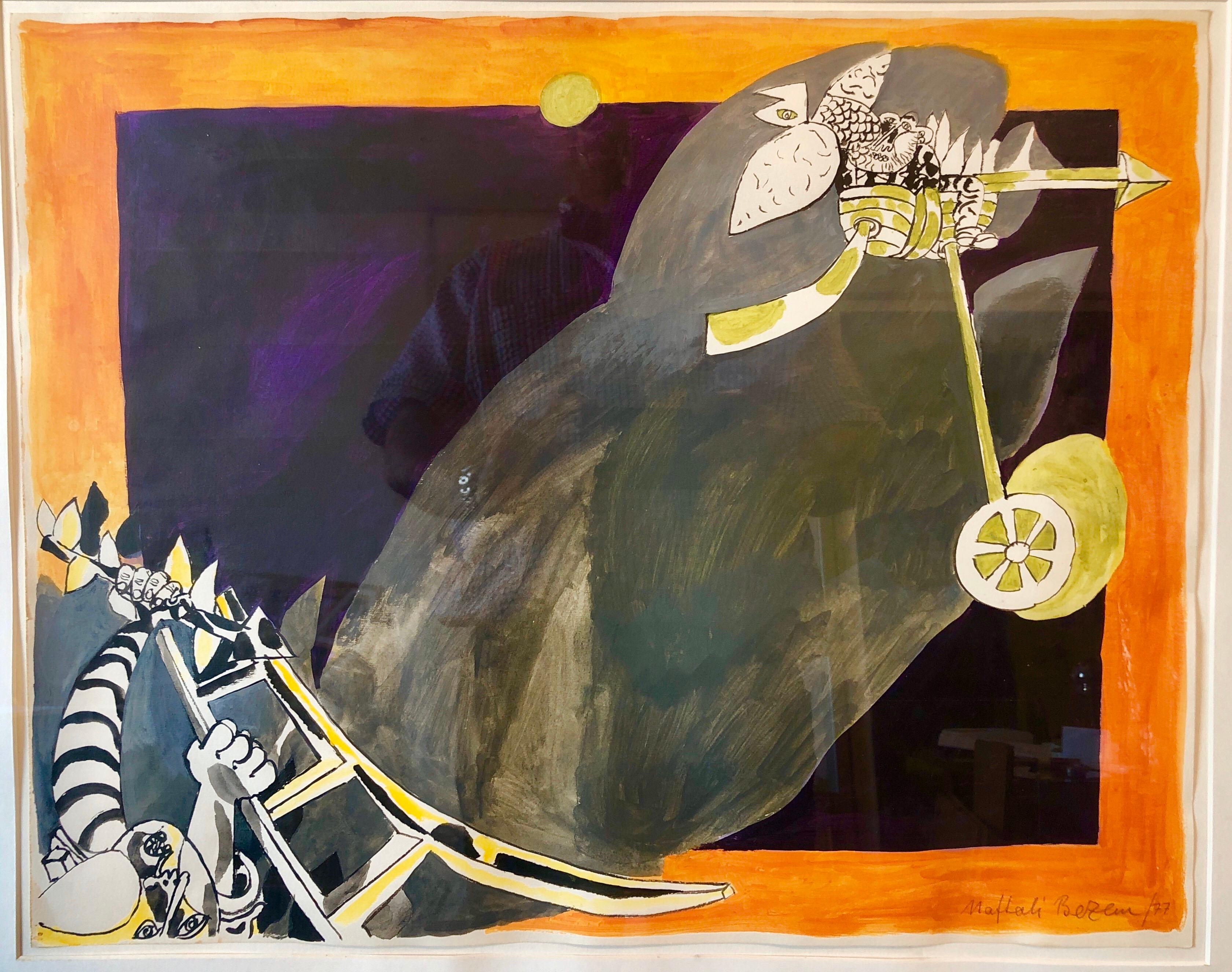 
Escena judaica surrealista de un hombre barbudo (rabino) en una barca con candelabros de Shabbat.  
Tamaño de la mira: 17,75