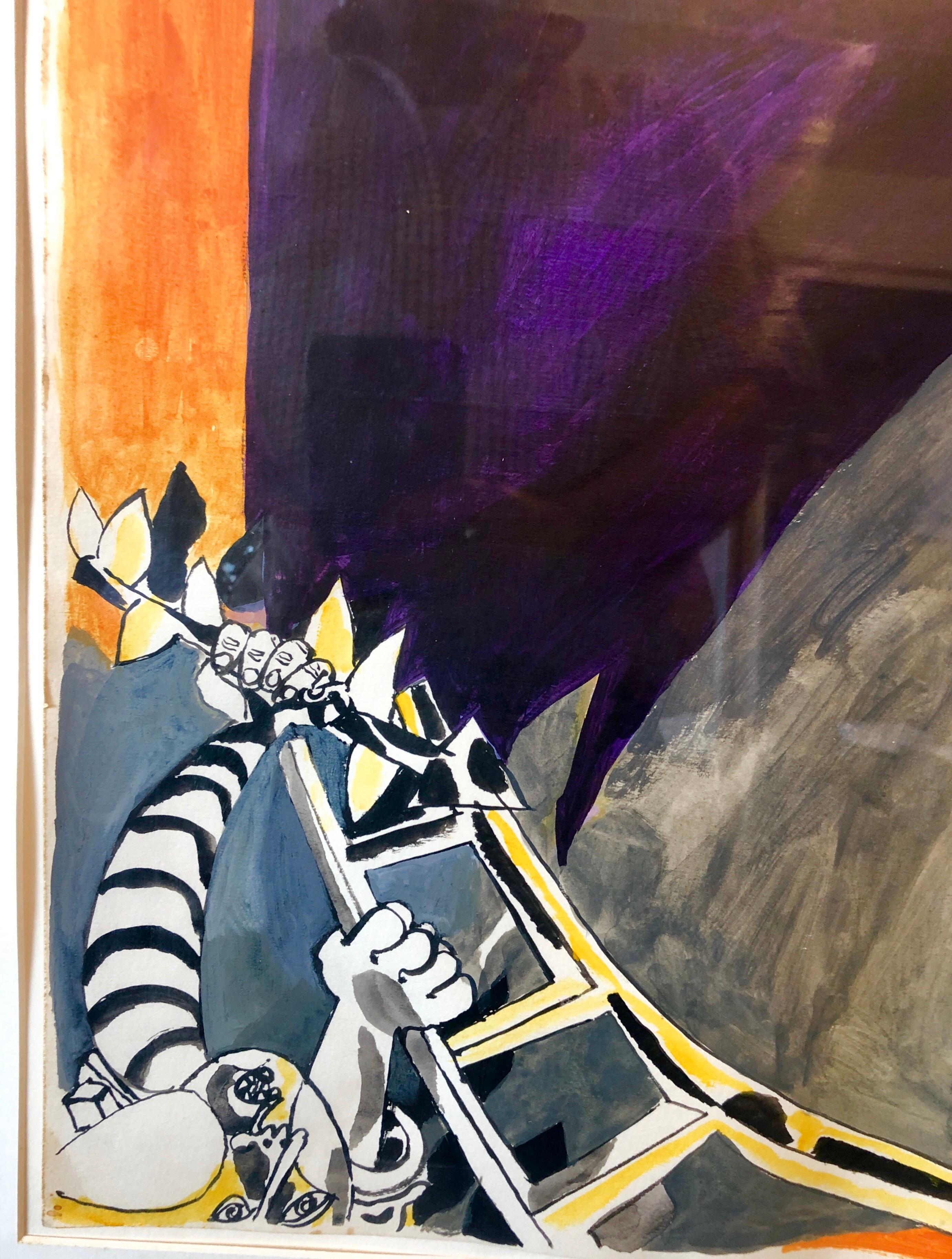 Rara Pintura Surrealista Judaica Alemana Israelí Abstracta Acuarela Gouache en venta 1