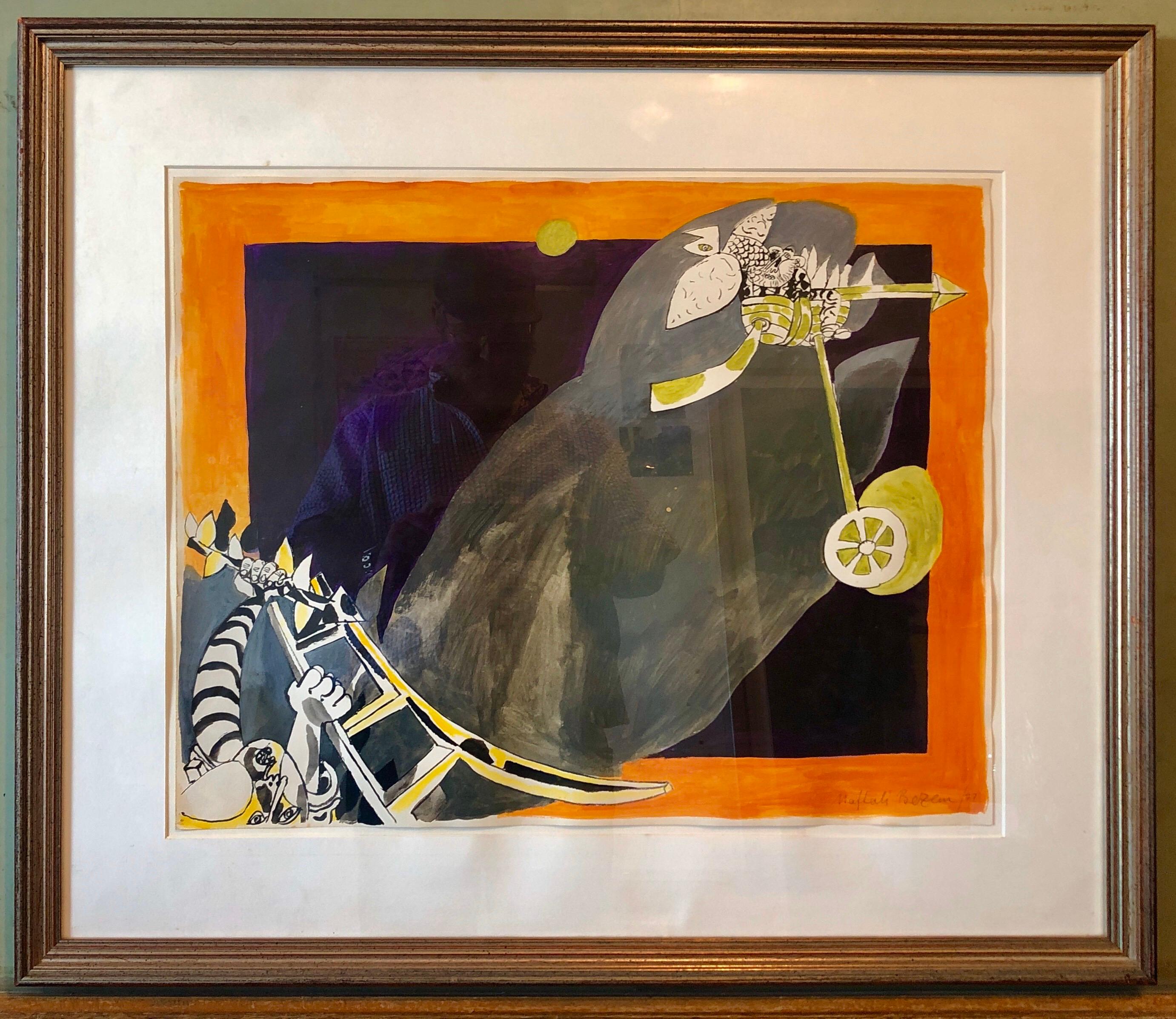 Rare German Israeli Surrealist Judaica Abstract Gouache Watercolor Painting  For Sale 1