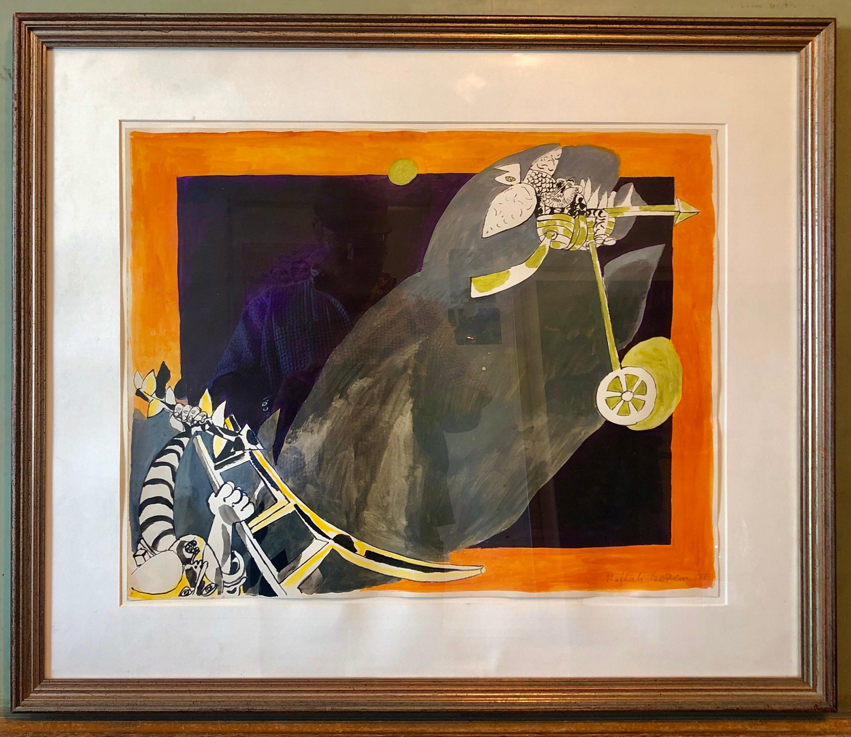 Rara Pintura Surrealista Judaica Alemana Israelí Abstracta Acuarela Gouache en venta 2