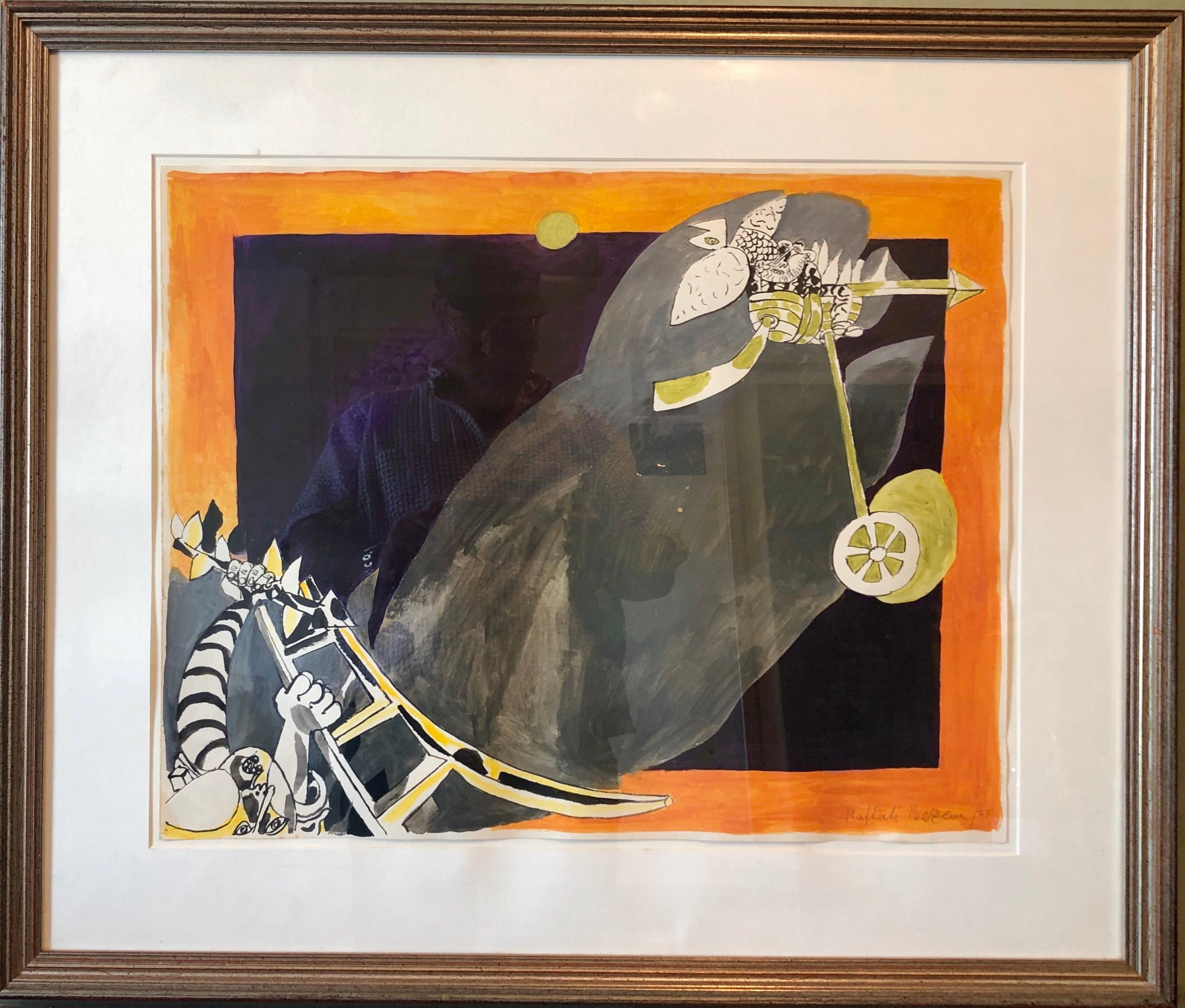 Rara pittura surrealista tedesca israeliana Judaica astratta ad acquerello a guazzo